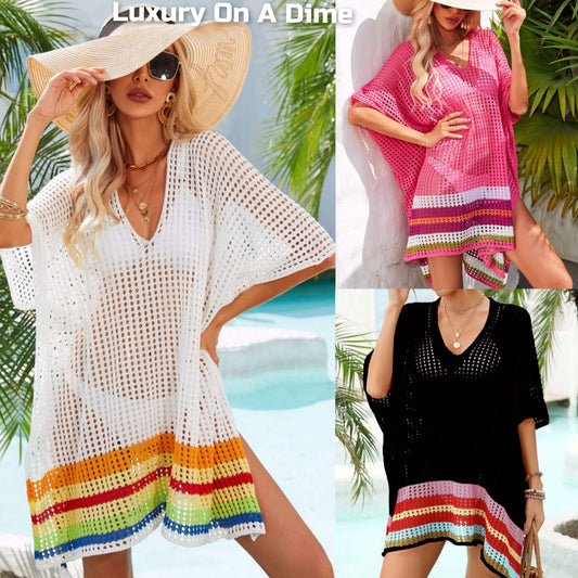 Colorful Rainbow Stripe Openwork Slit Oversized Cover-Up Shirt