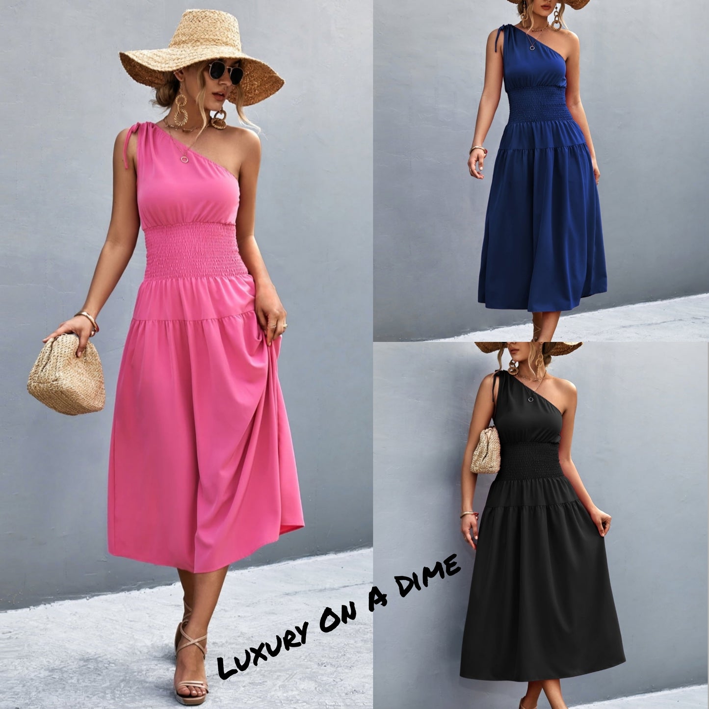 Cinch Tie Asymmetrical One Shoulder Smocked Waist Midi Dress