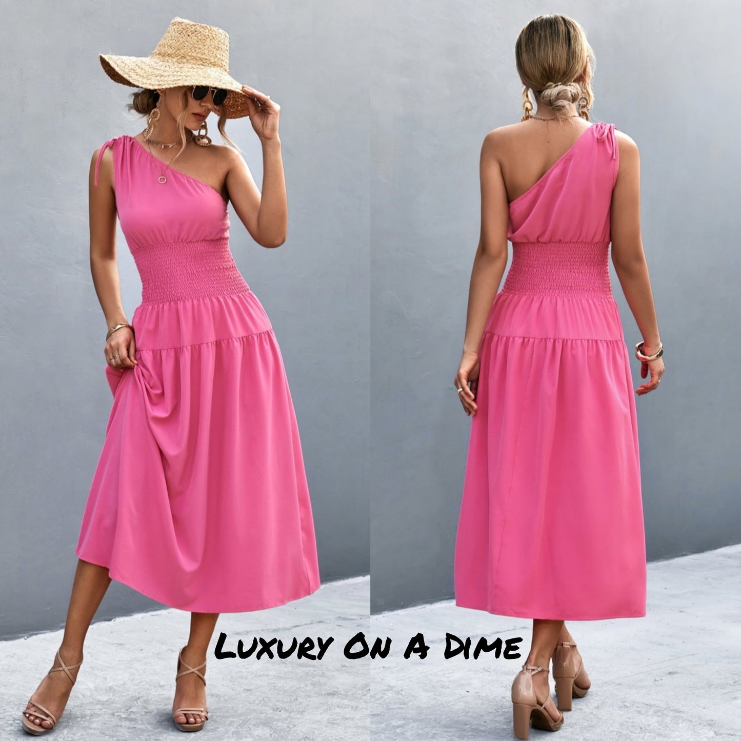 Cinch Tie Asymmetrical One Shoulder Smocked Waist Midi Dress