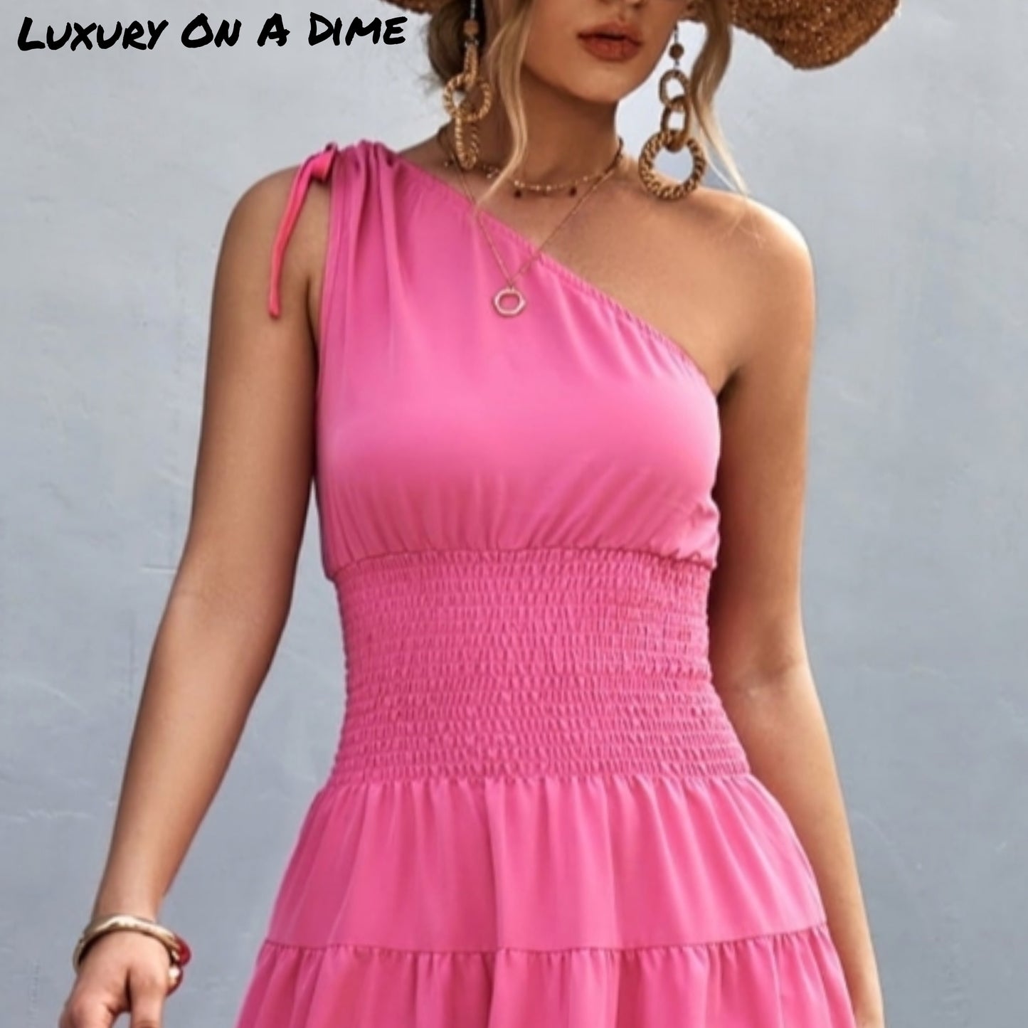 Cinch Tie Asymmetrical One Shoulder Smocked Waist Midi Dress