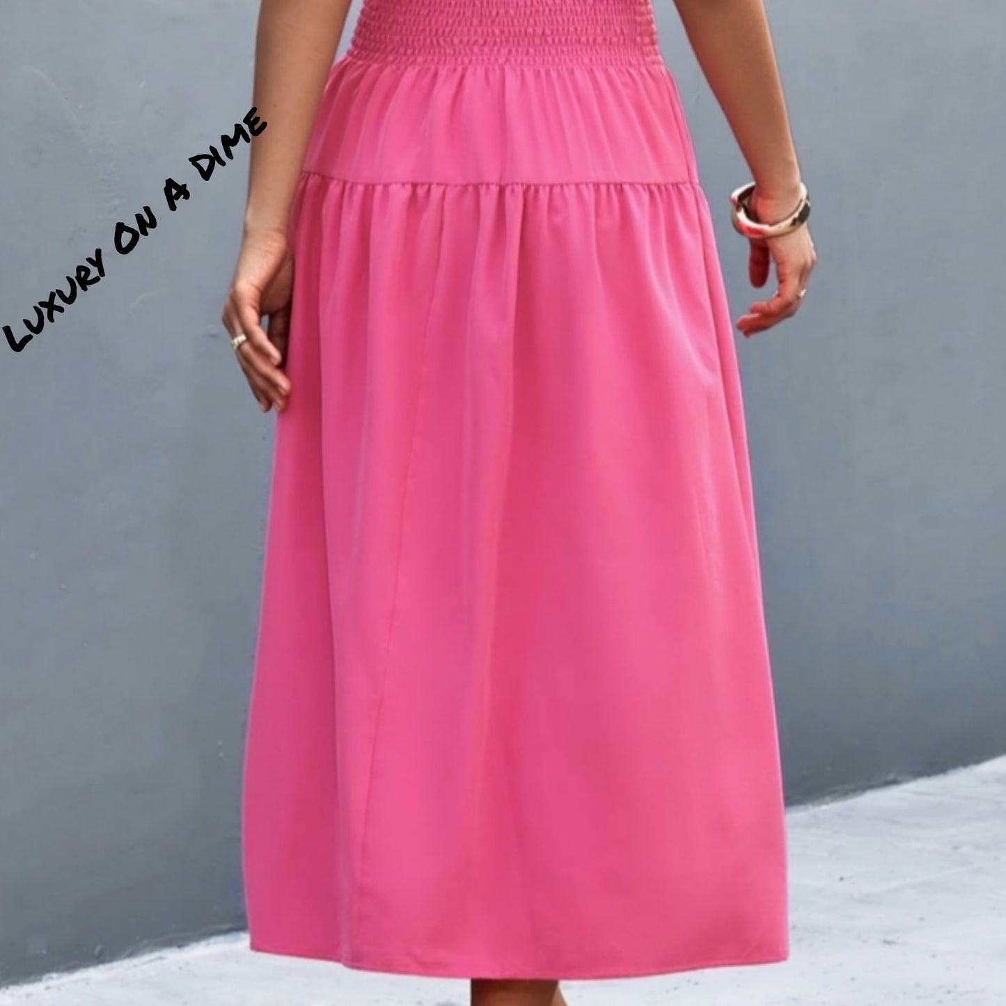 Cinch Tie Asymmetrical One Shoulder Smocked Waist Midi Dress