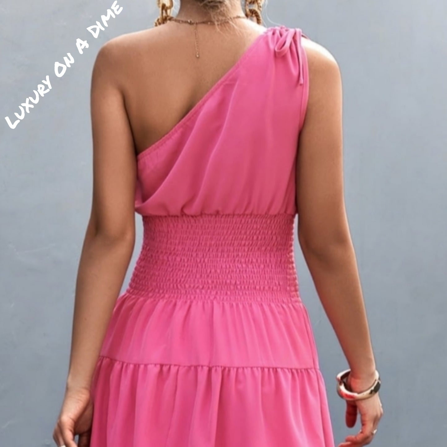 Cinch Tie Asymmetrical One Shoulder Smocked Waist Midi Dress