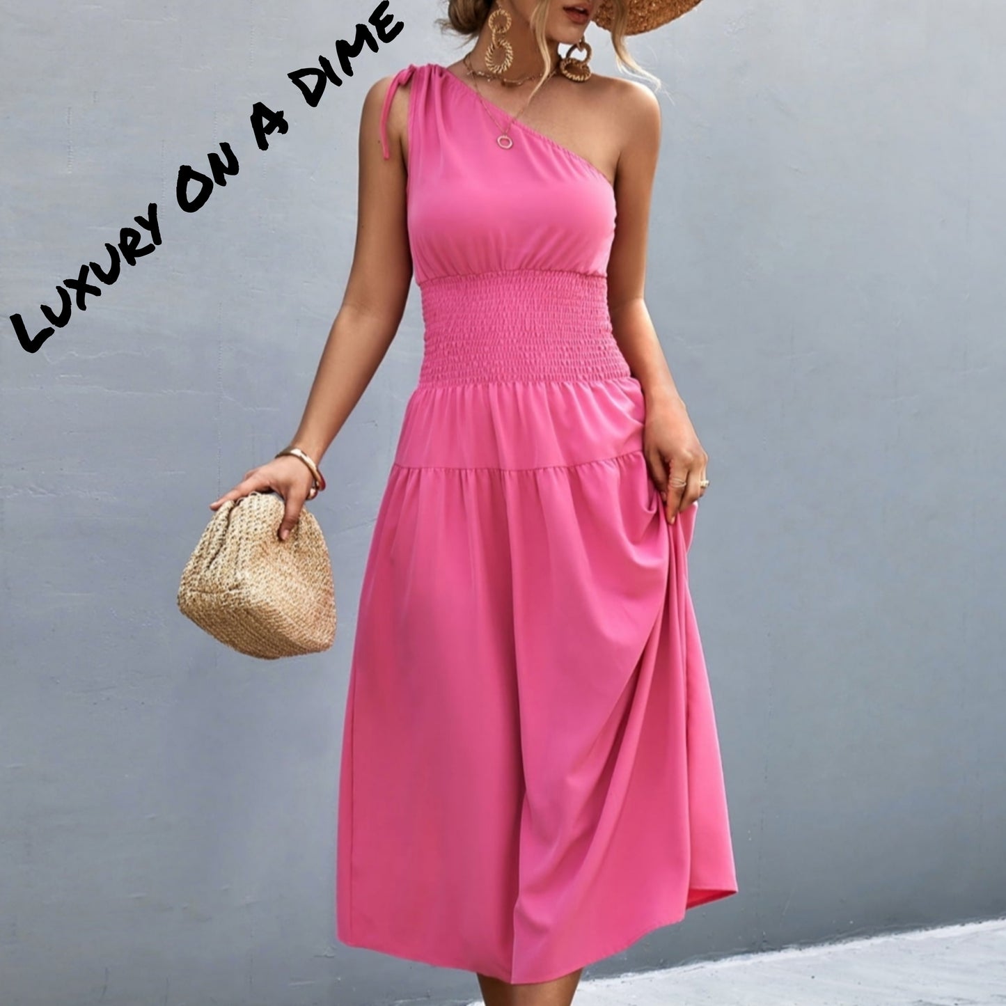 Cinch Tie Asymmetrical One Shoulder Smocked Waist Midi Dress