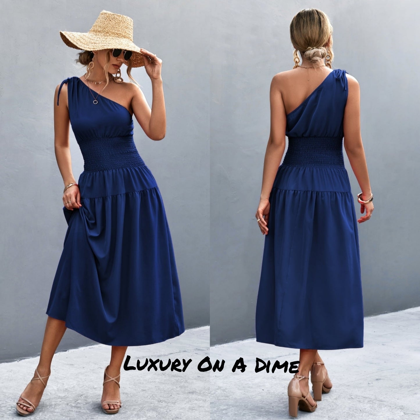 Cinch Tie Asymmetrical One Shoulder Smocked Waist Midi Dress