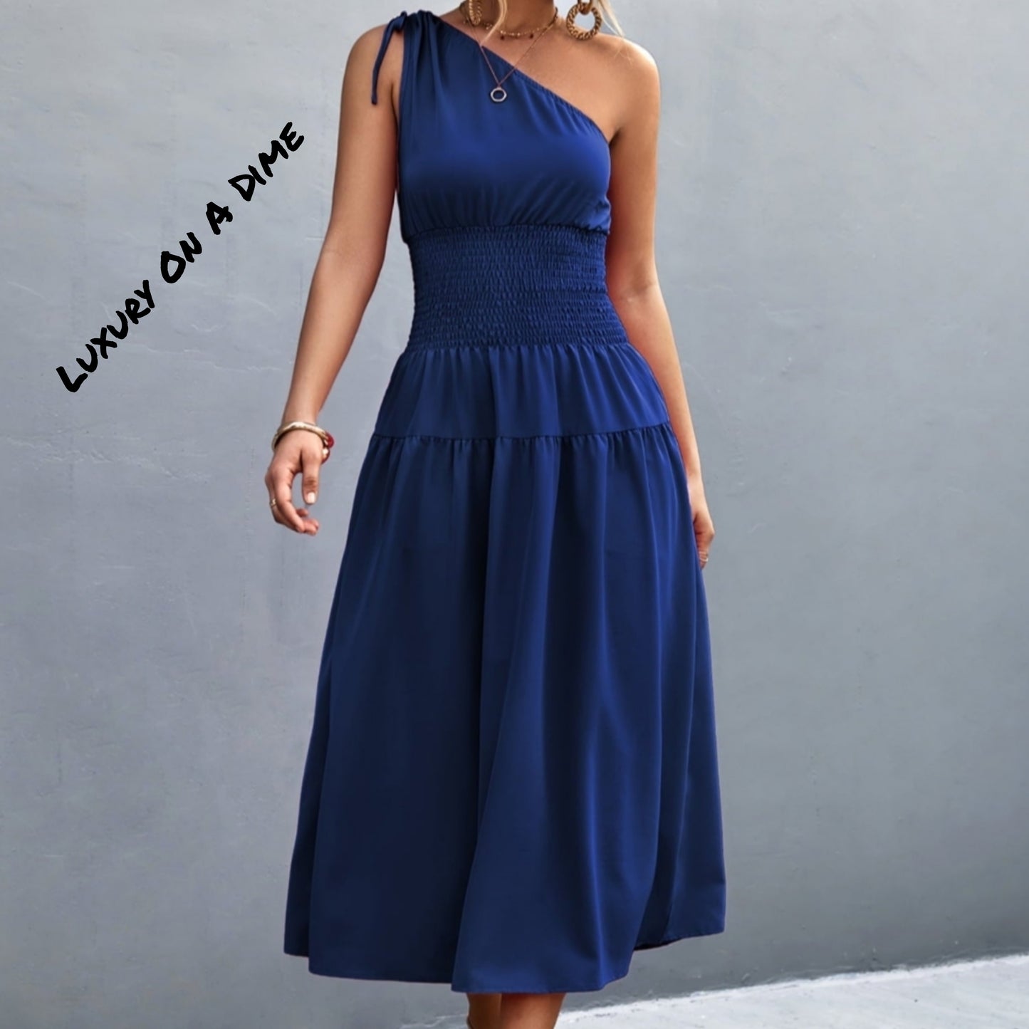 Cinch Tie Asymmetrical One Shoulder Smocked Waist Midi Dress