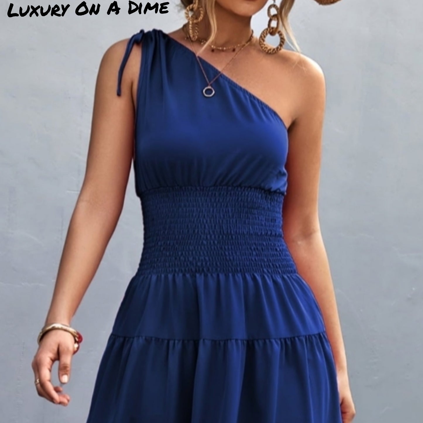 Cinch Tie Asymmetrical One Shoulder Smocked Waist Midi Dress