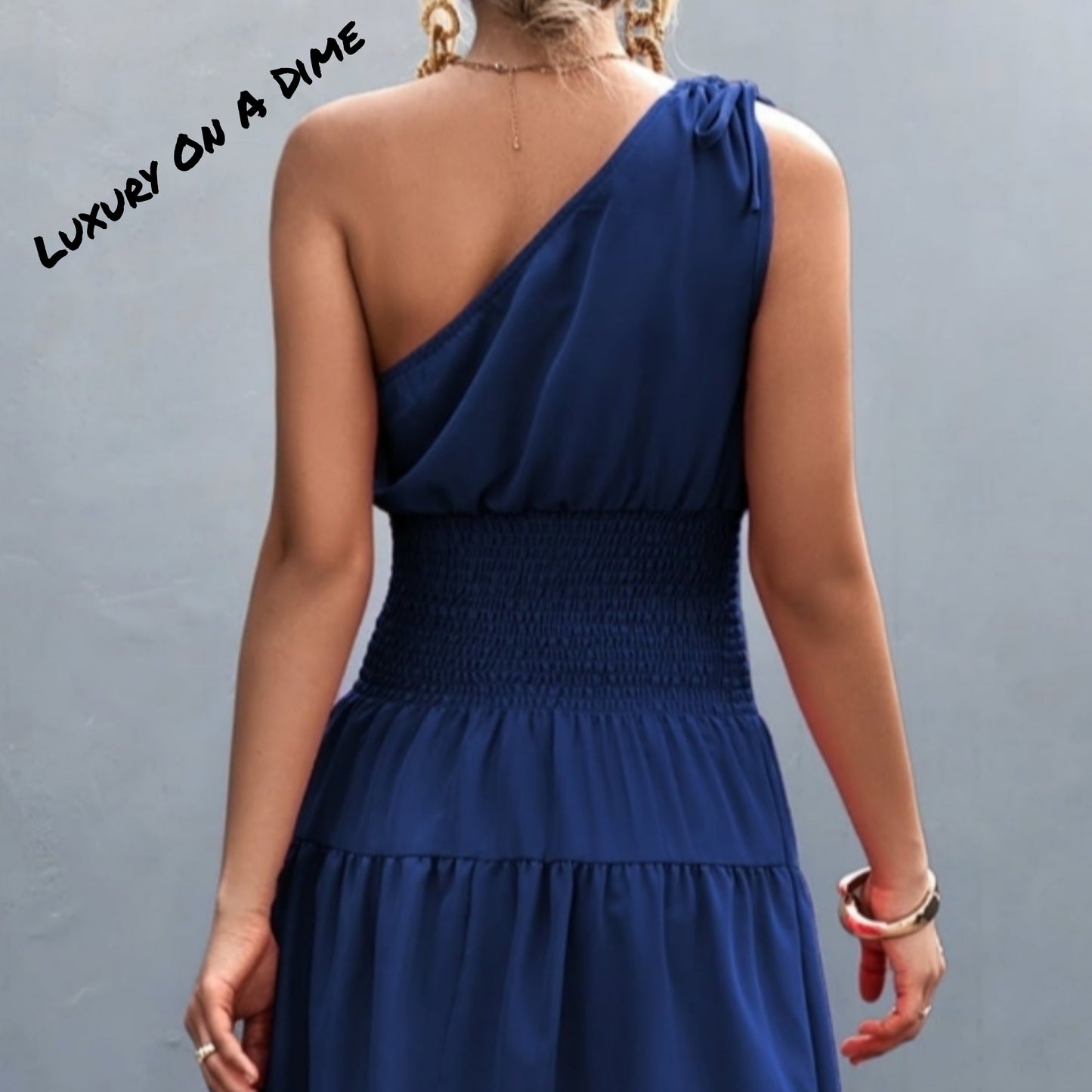 Cinch Tie Asymmetrical One Shoulder Smocked Waist Midi Dress