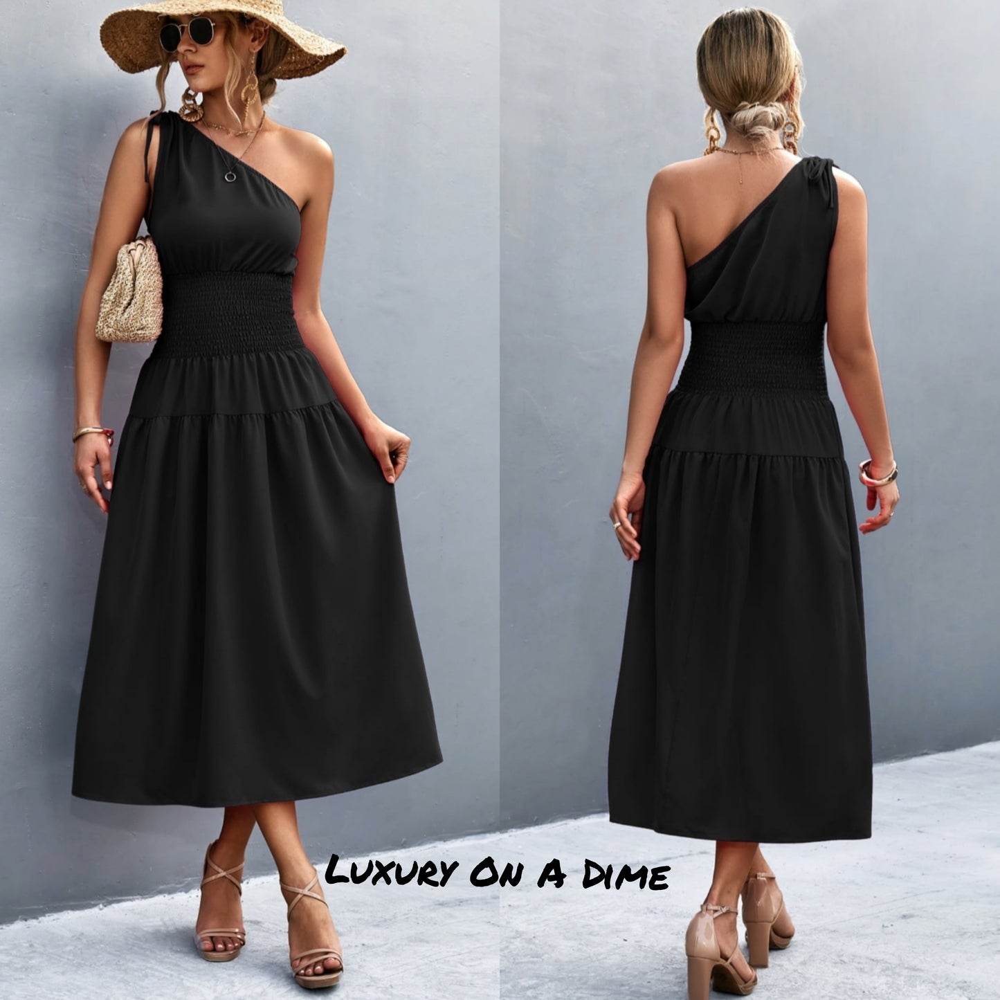 Cinch Tie Asymmetrical One Shoulder Smocked Waist Midi Dress