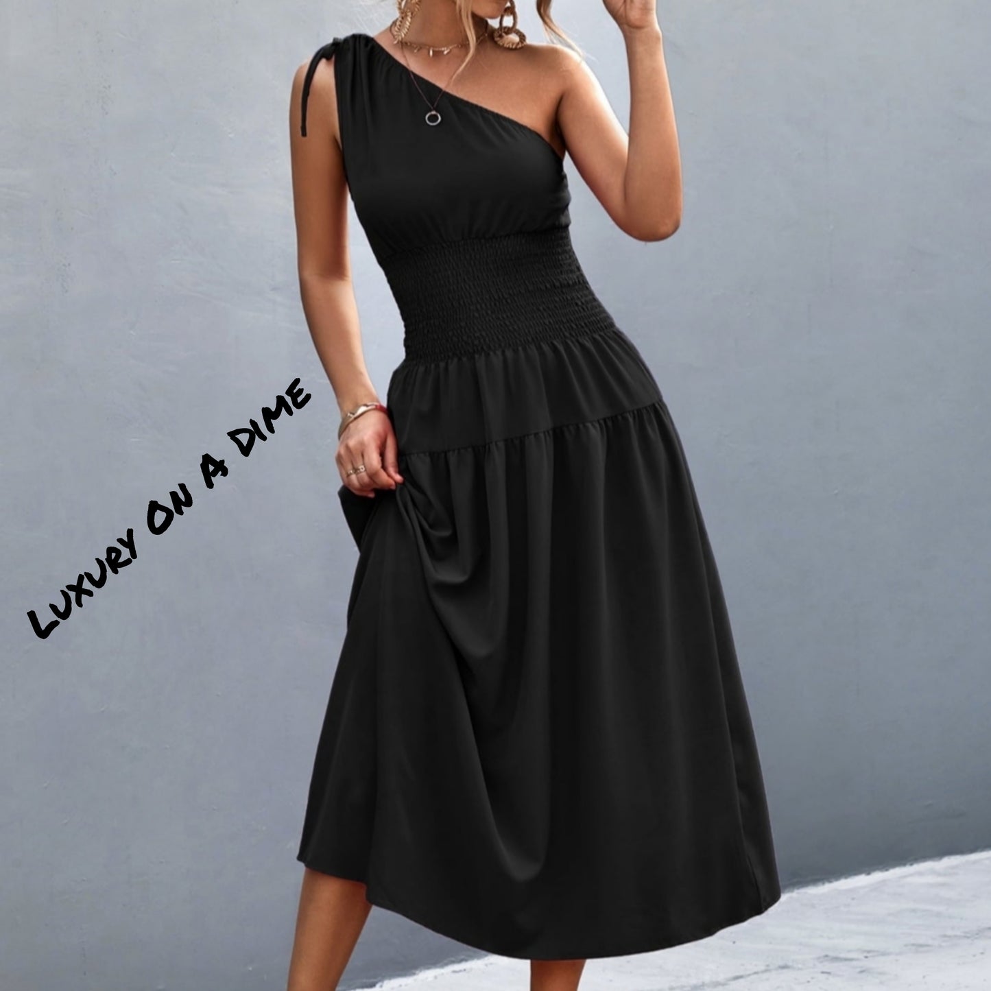 Cinch Tie Asymmetrical One Shoulder Smocked Waist Midi Dress