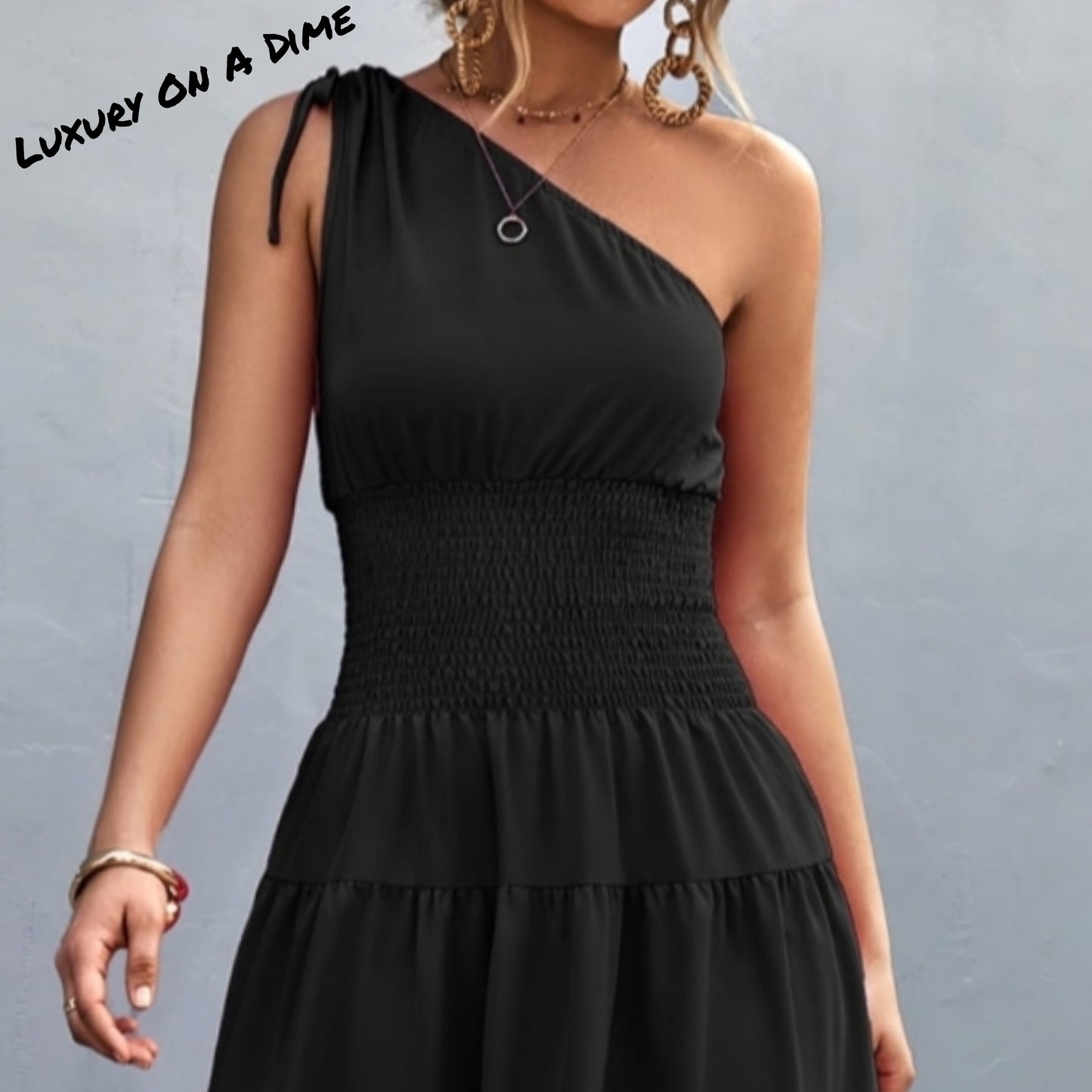 Cinch Tie Asymmetrical One Shoulder Smocked Waist Midi Dress