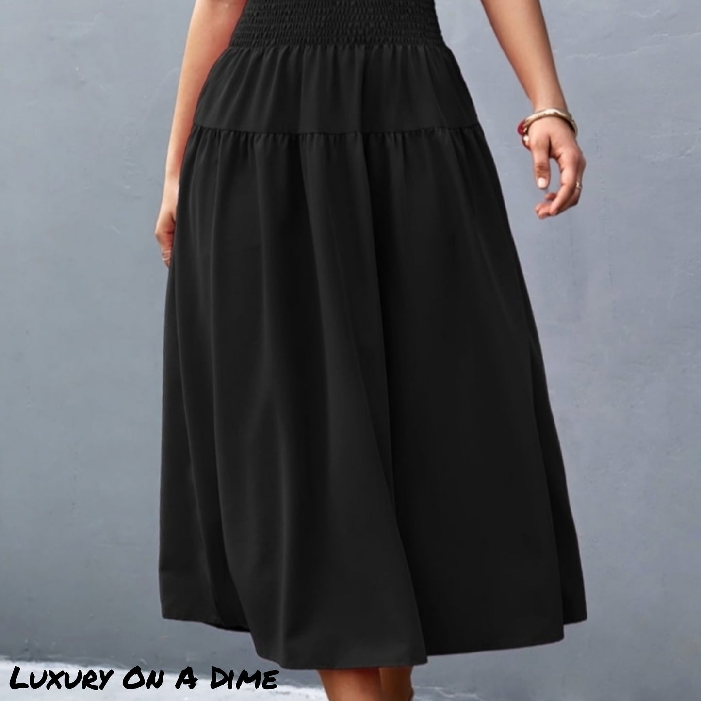 Cinch Tie Asymmetrical One Shoulder Smocked Waist Midi Dress