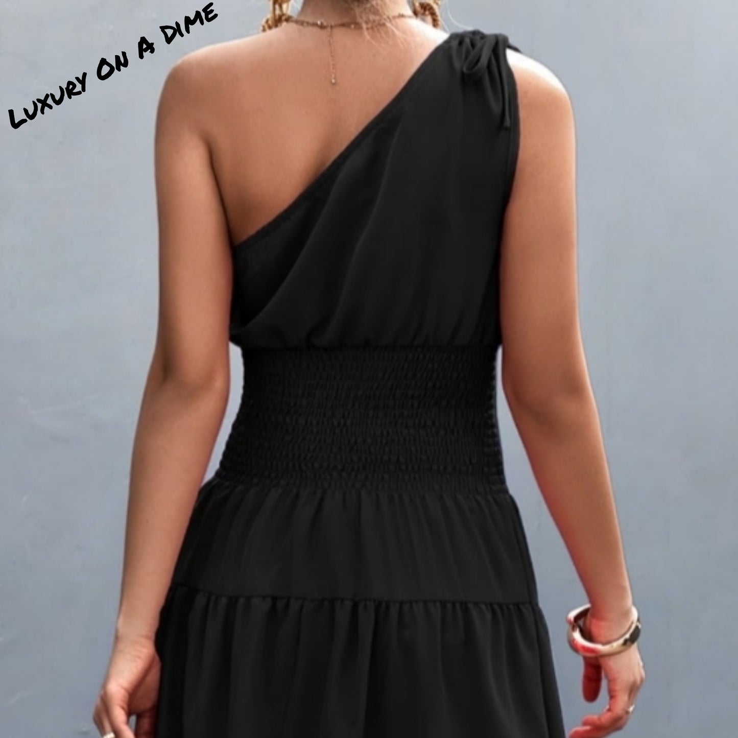 Cinch Tie Asymmetrical One Shoulder Smocked Waist Midi Dress