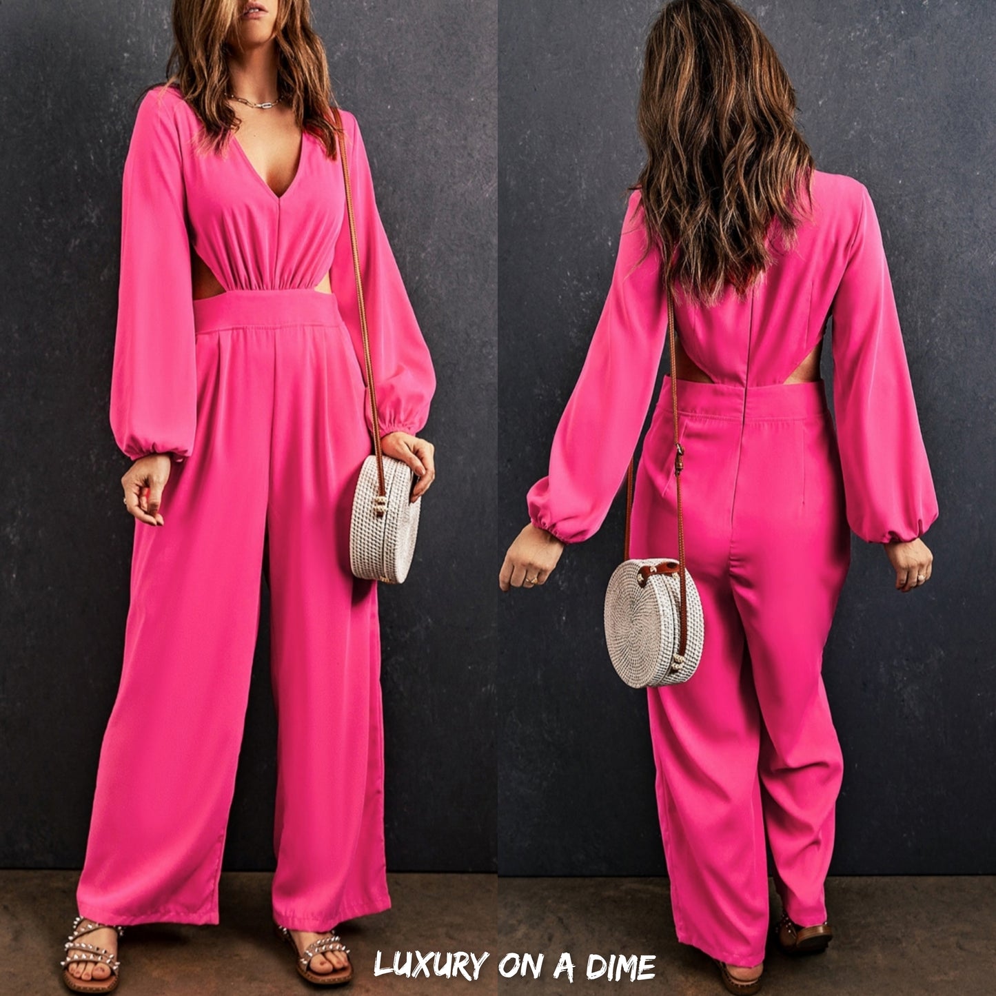 Cutout Side Plunge V-neck Long Sleeve Pant One-piece Neon Hot Pink Jumpsuit