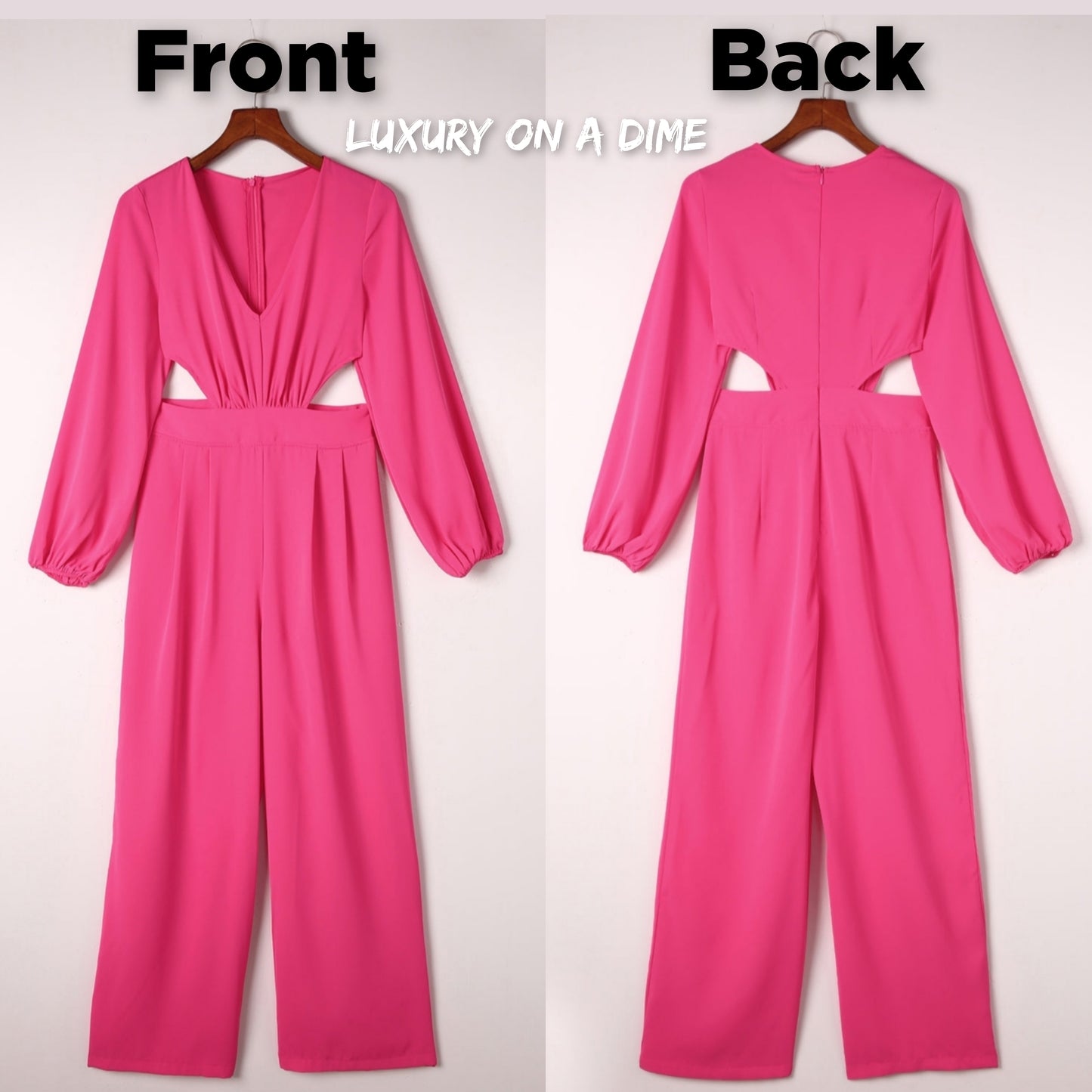 Cutout Side Plunge V-neck Long Sleeve Pant One-piece Neon Hot Pink Jumpsuit
