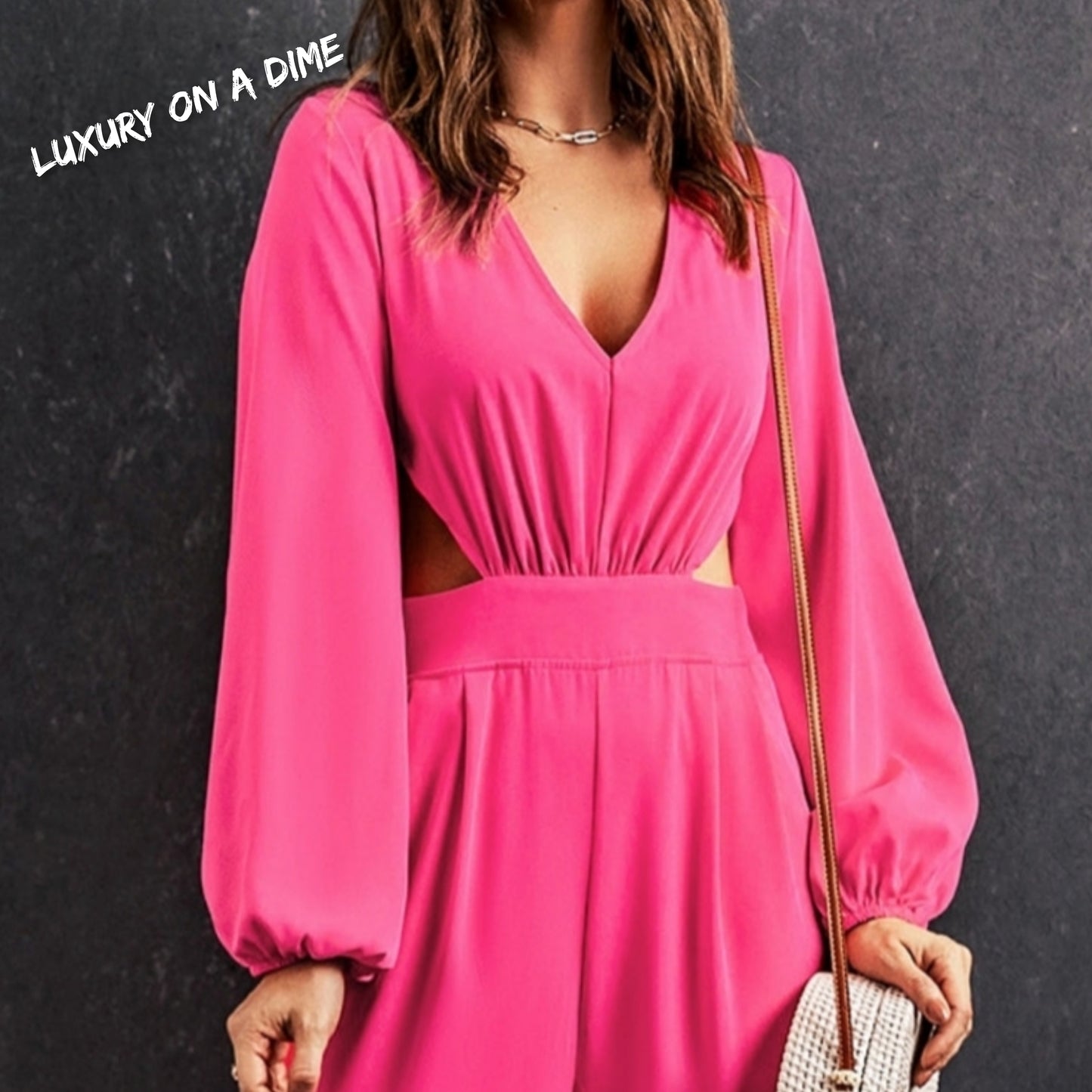 Cutout Side Plunge V-neck Long Sleeve Pant One-piece Neon Hot Pink Jumpsuit