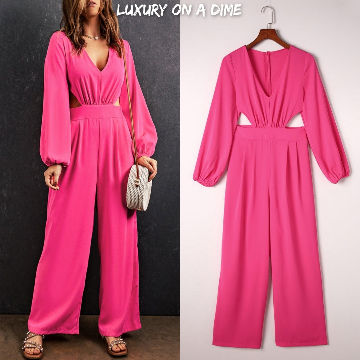 Cutout Side Plunge V-neck Long Sleeve Pant One-piece Neon Hot Pink Jumpsuit