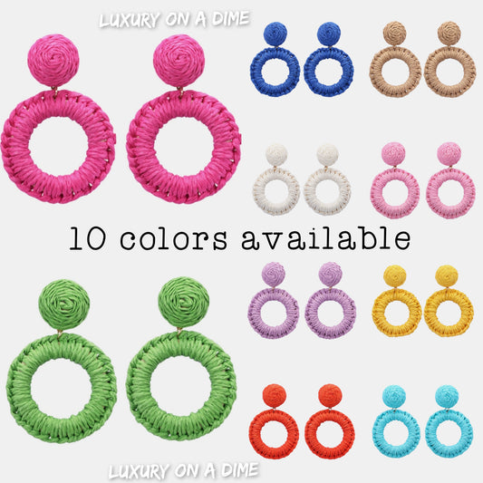 Bold Raffia Grass Round Dangle Earrings Jewelry (10 colors Available)