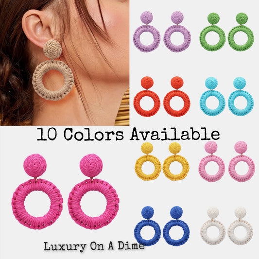 Bold Raffia Grass Round Dangle Earrings Jewelry (10 colors Available)
