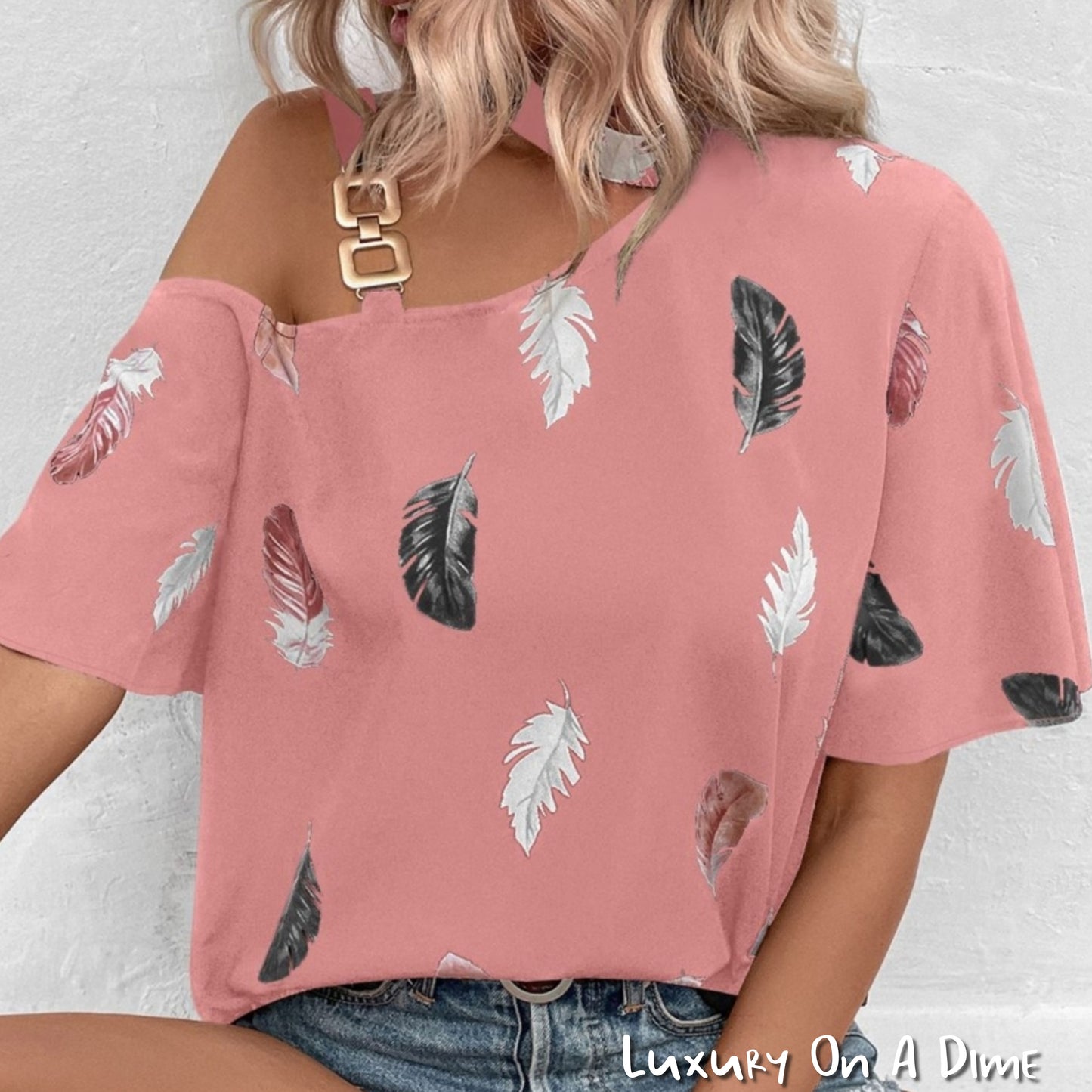 Feather Asymmetrical Cutout Top Gold Chain Shoulder Short Sleeve Blouse