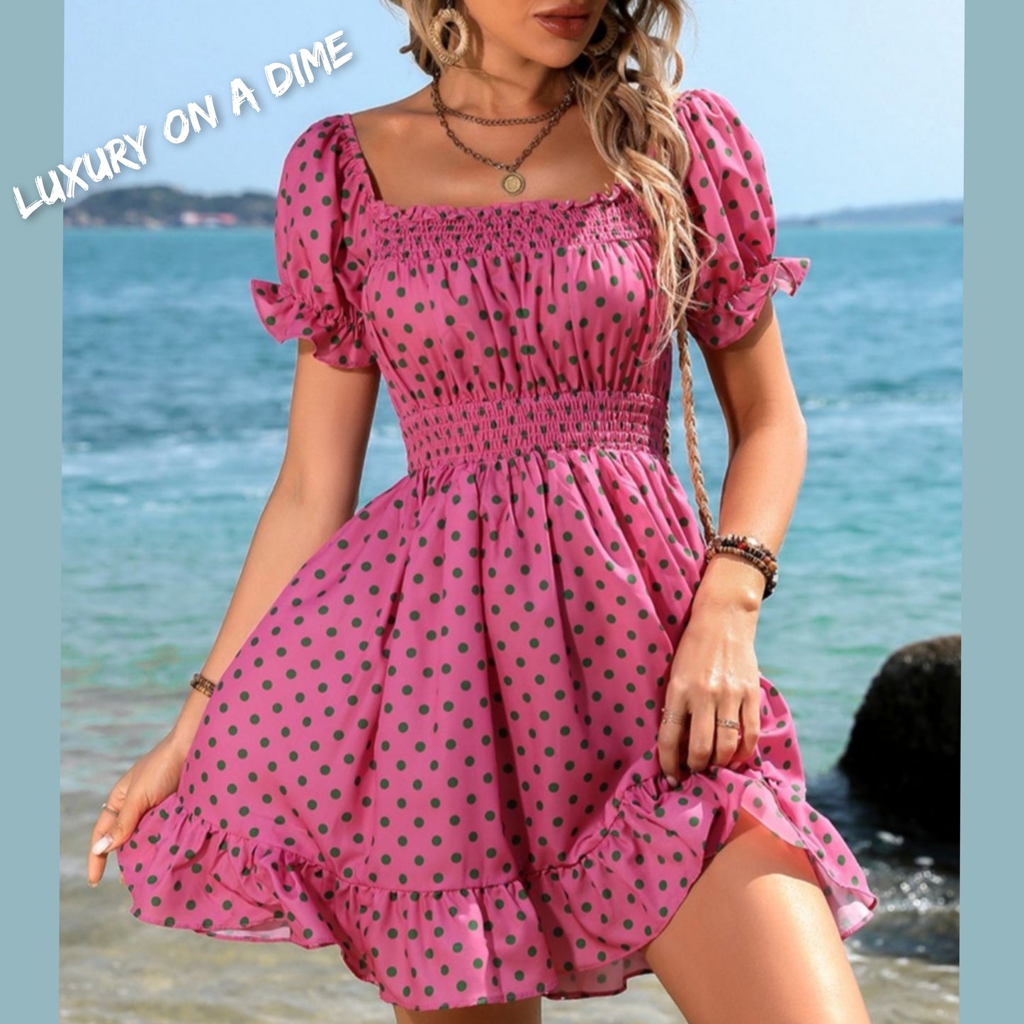 Ruffle Accent Smocked Chest and Waist Babydoll Mini Dress