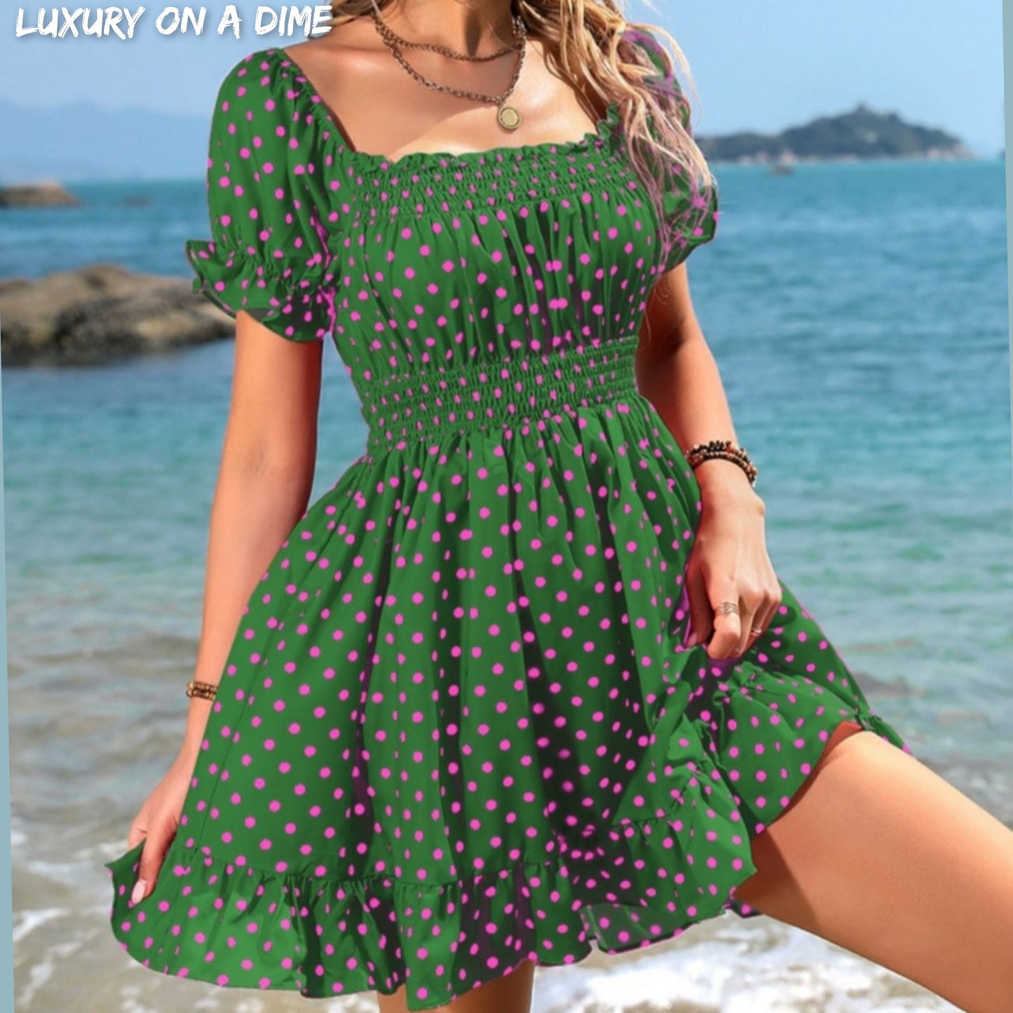 Ruffle Accent Smocked Chest and Waist Babydoll Mini Dress