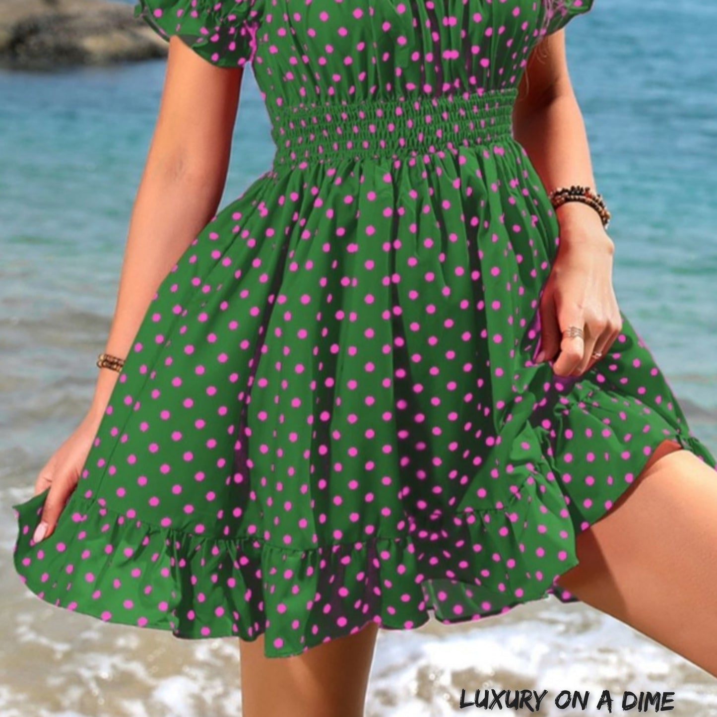 Ruffle Accent Smocked Chest and Waist Babydoll Mini Dress