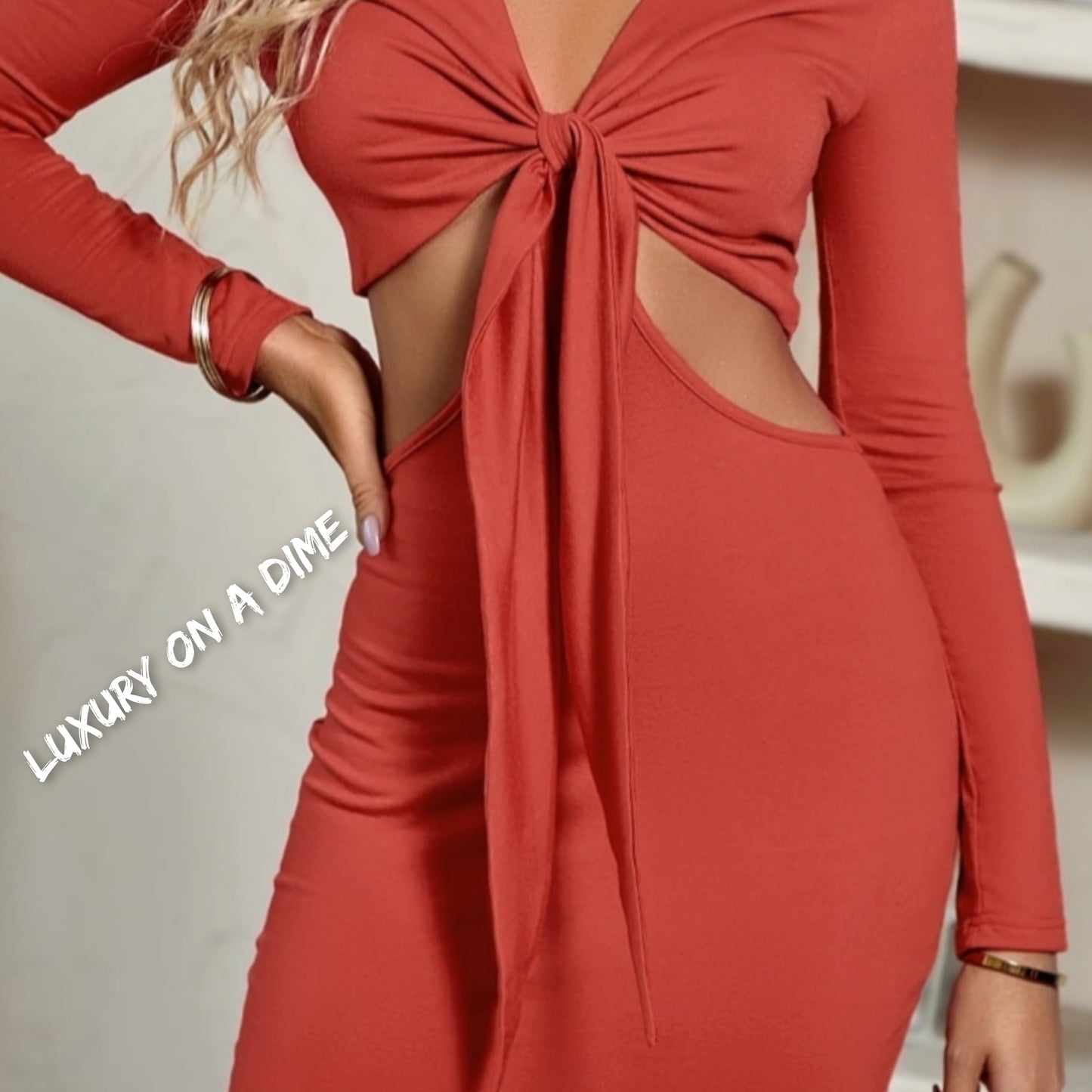 Cutout Waist Twisted Knot Plunge Neck Long Sleeve Mini Dress