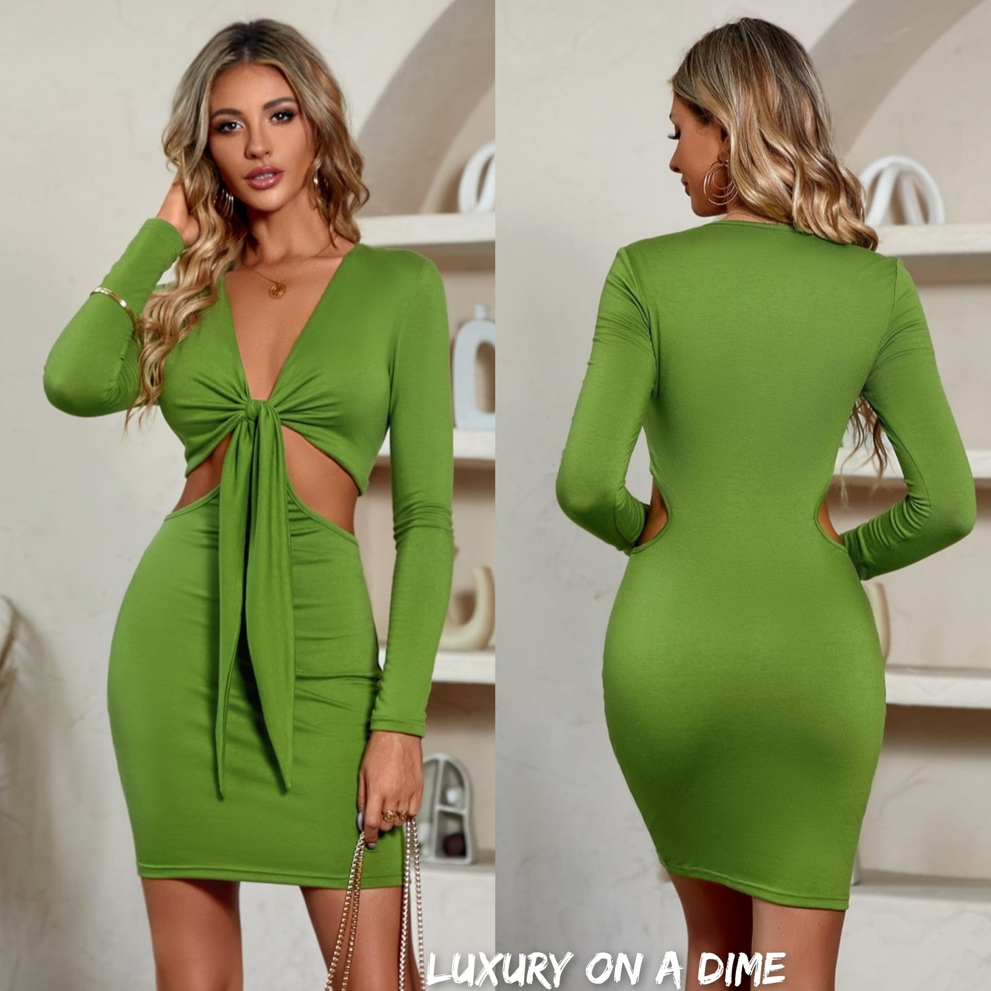 Cutout Waist Twisted Knot Plunge Neck Long Sleeve Mini Dress