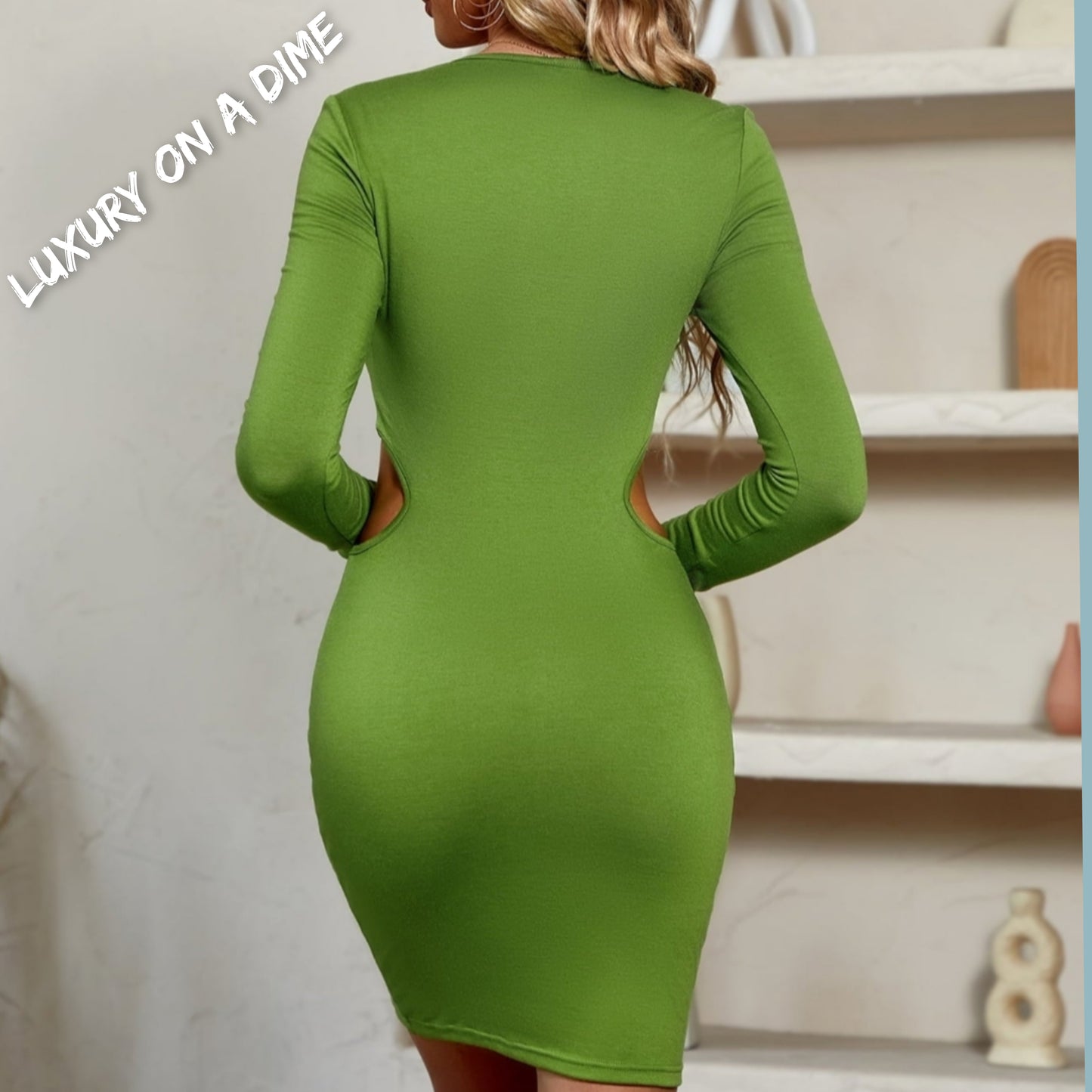 Cutout Waist Twisted Knot Plunge Neck Long Sleeve Mini Dress
