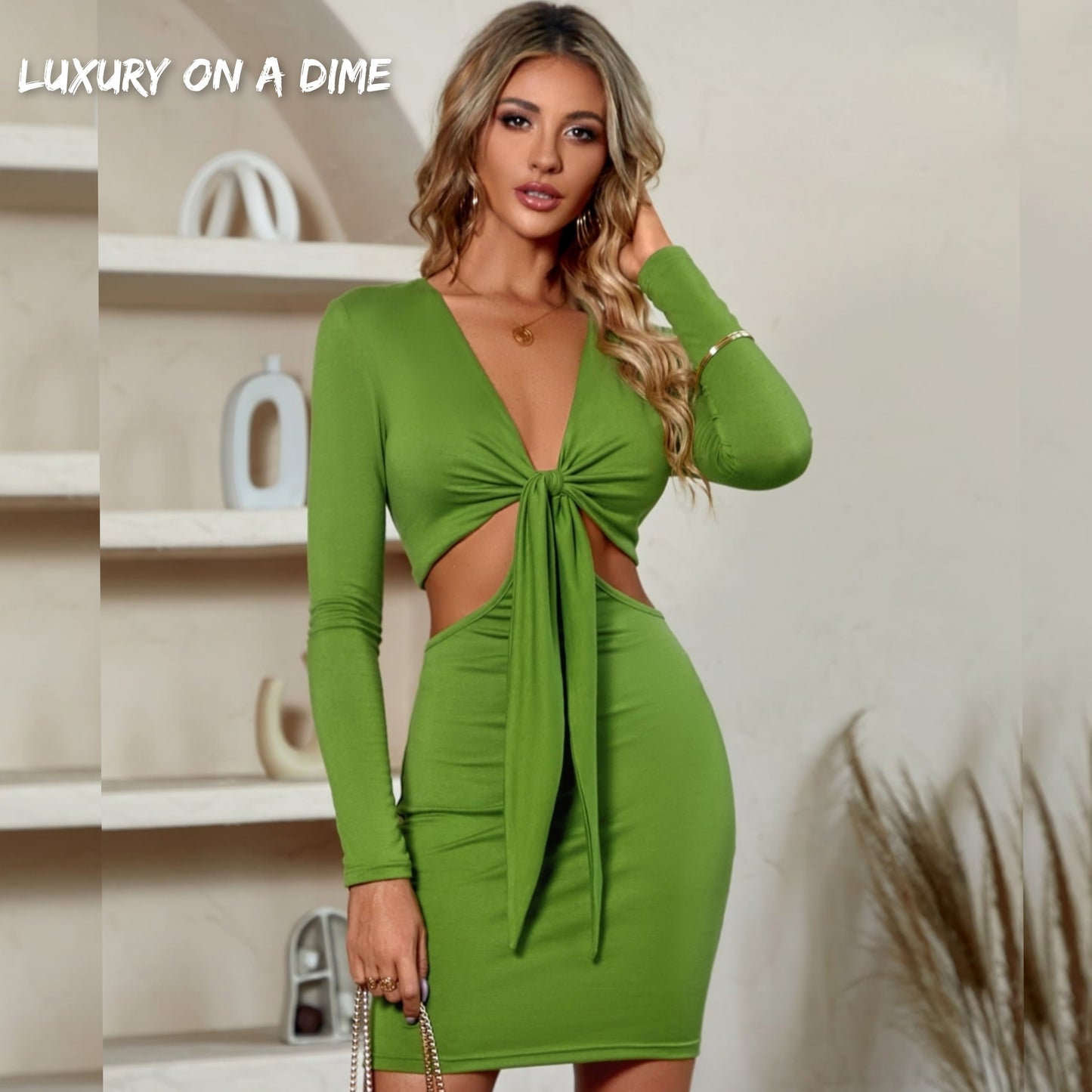Cutout Waist Twisted Knot Plunge Neck Long Sleeve Mini Dress