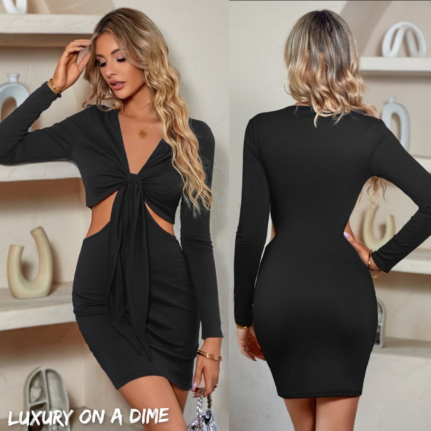 Cutout Waist Twisted Knot Plunge Neck Long Sleeve Mini Dress