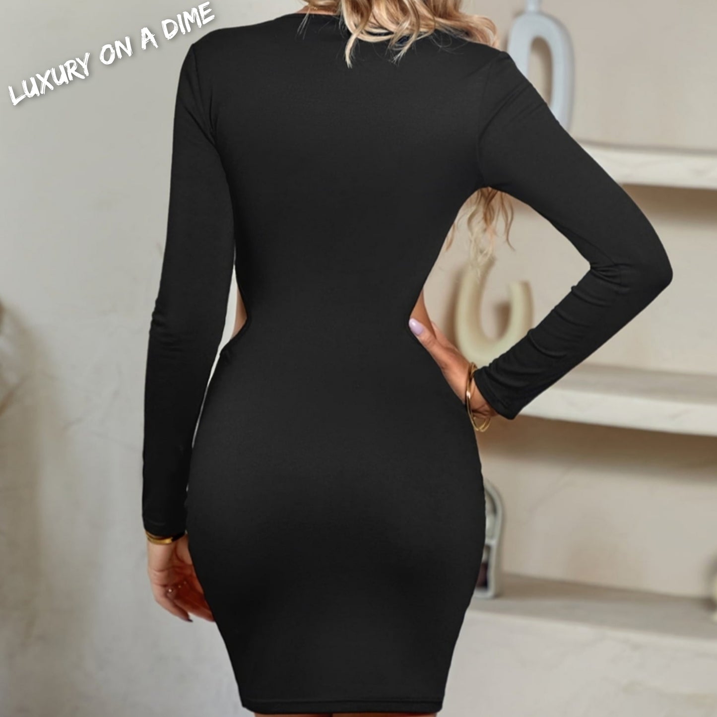 Cutout Waist Twisted Knot Plunge Neck Long Sleeve Mini Dress