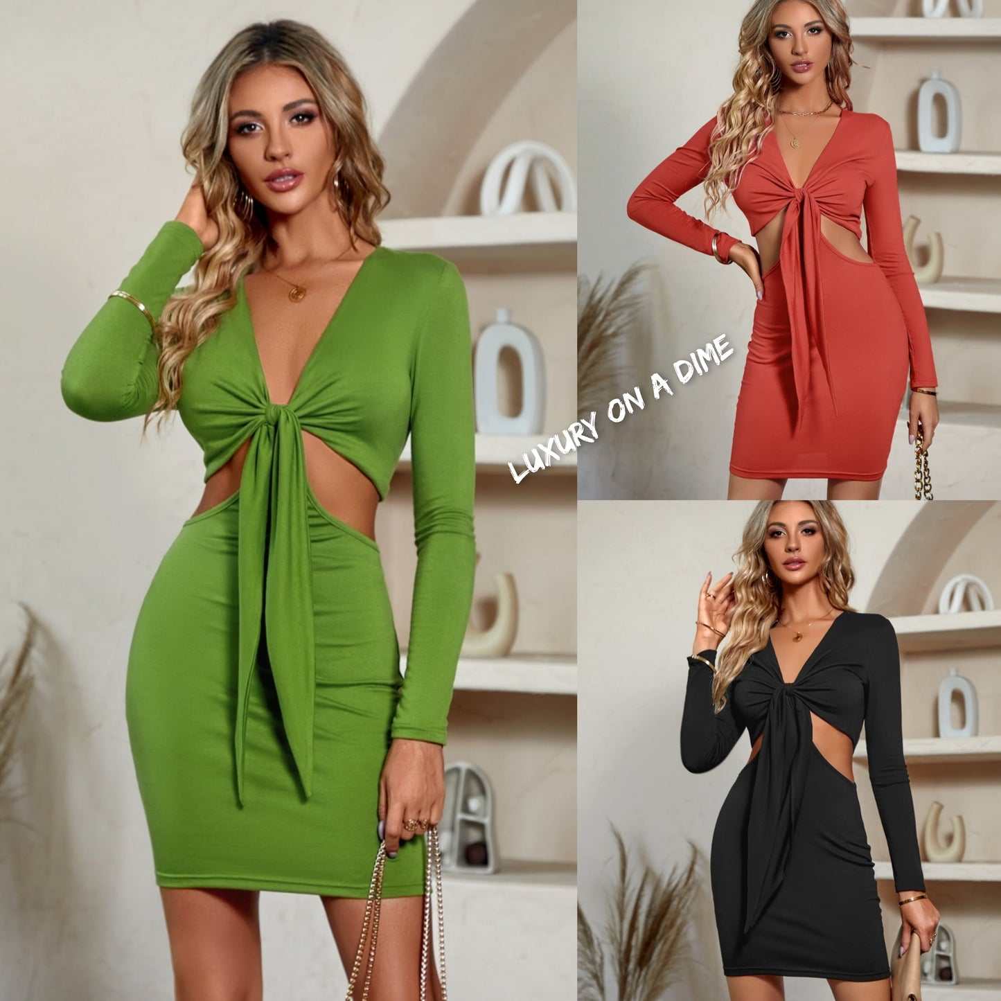 Cutout Waist Twisted Knot Plunge Neck Long Sleeve Mini Dress