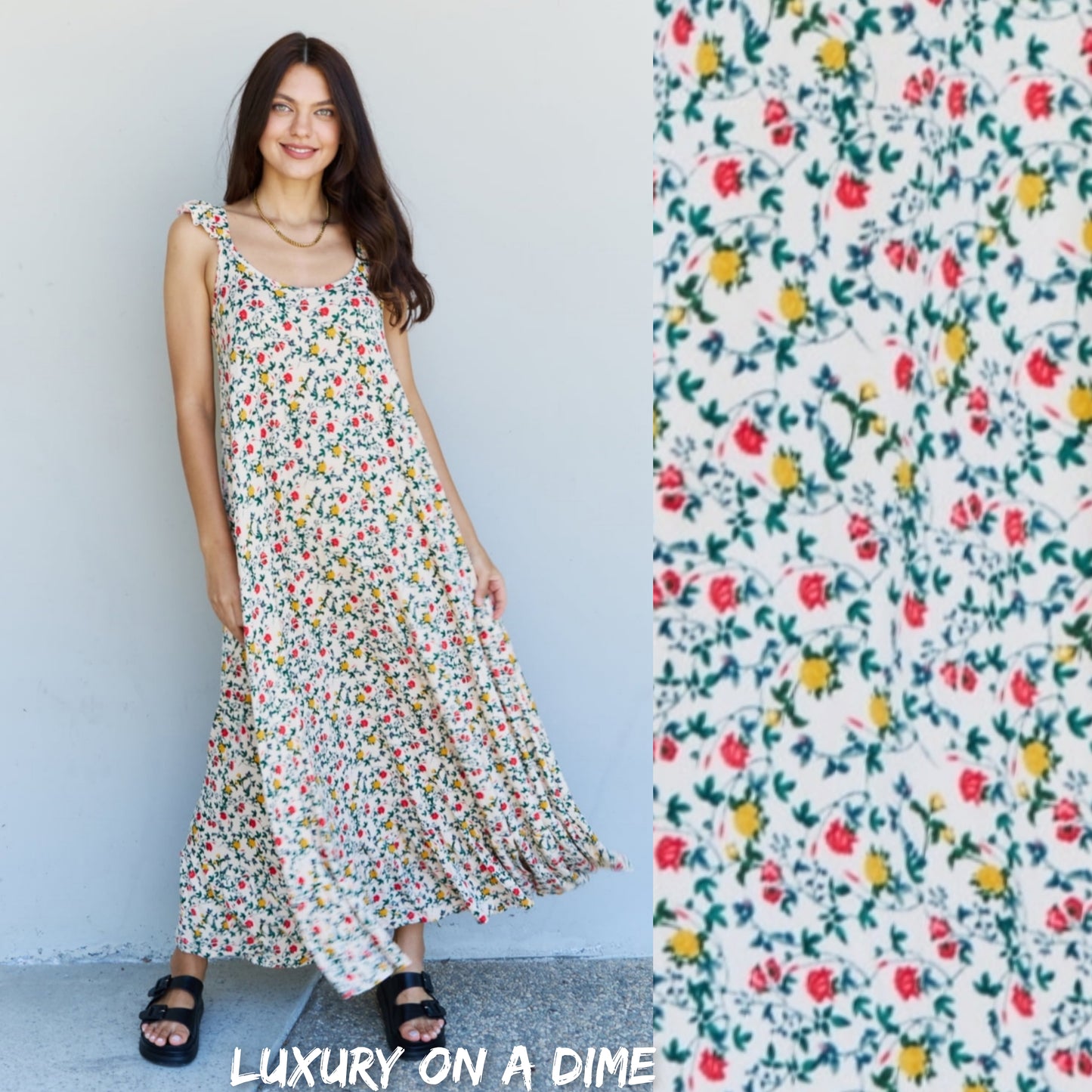 Cottage Ruffle Shoulder Sleeveless Retro Floral Maxi Dress