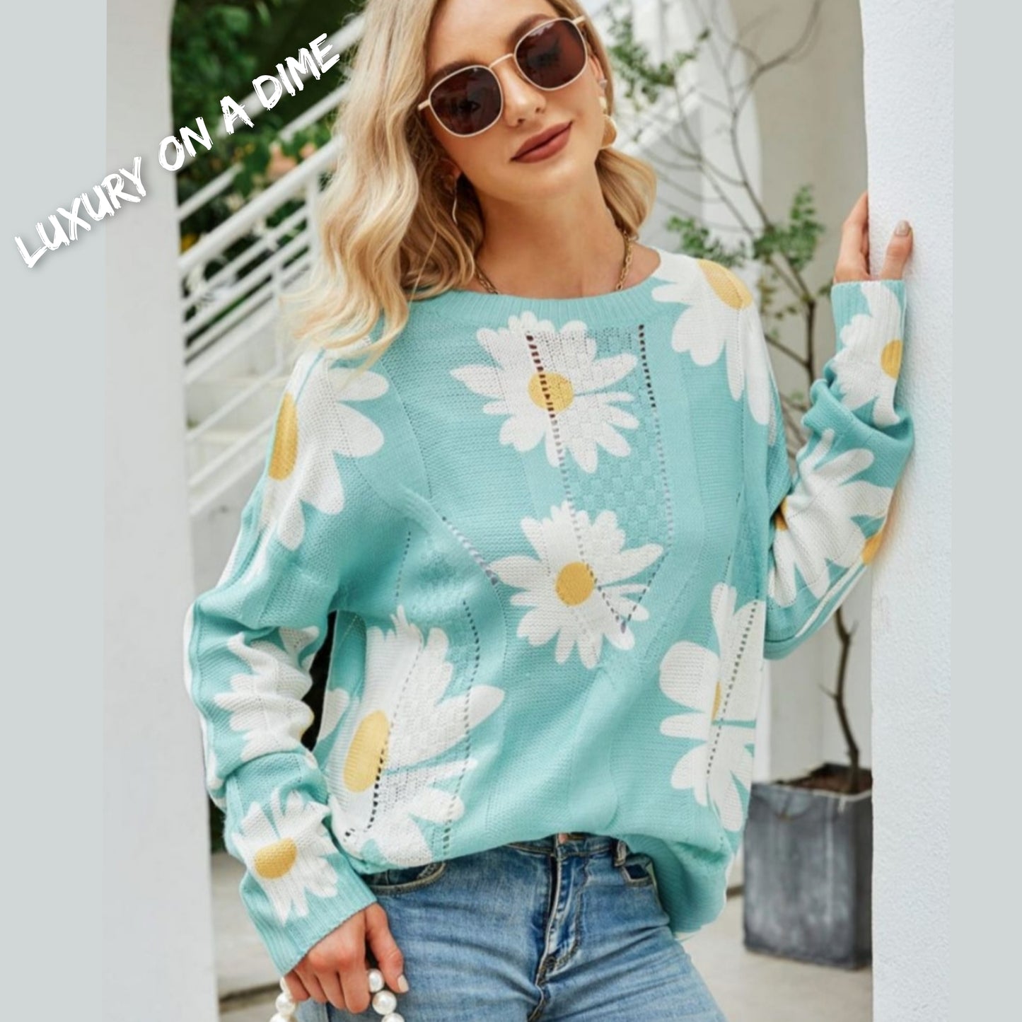 Daisy Knit Print Openwork Detail Lightweight Sweater