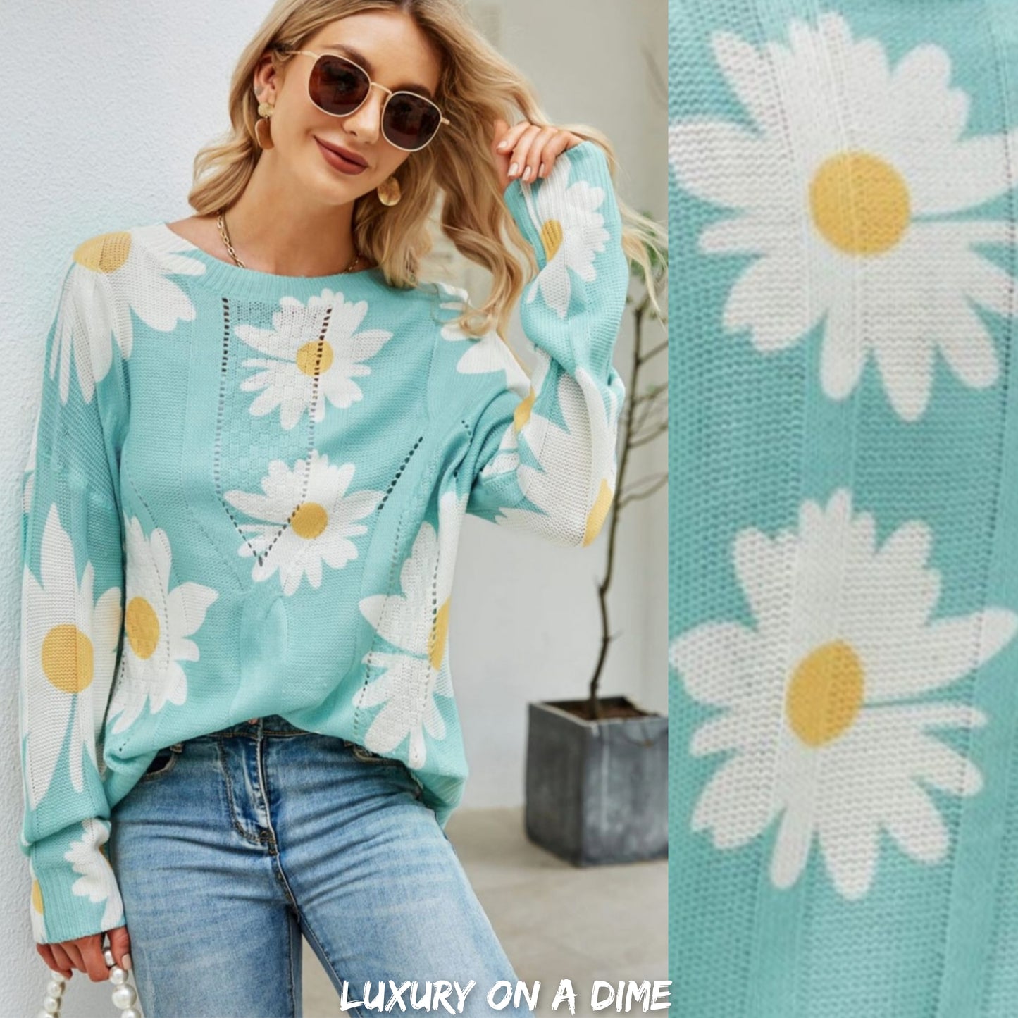 Daisy Knit Print Openwork Detail Lightweight Sweater