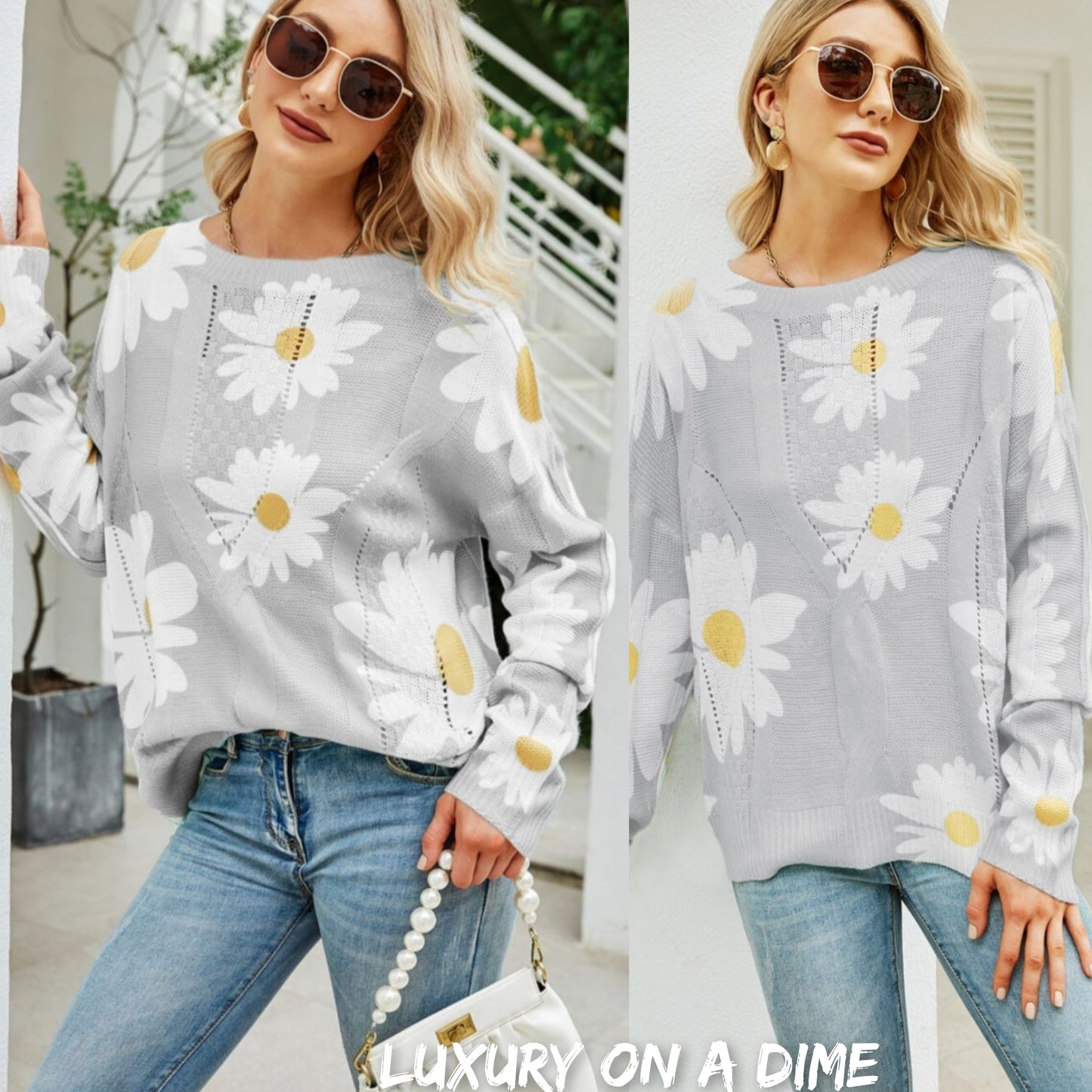Daisy Knit Print Openwork Detail Lightweight Sweater
