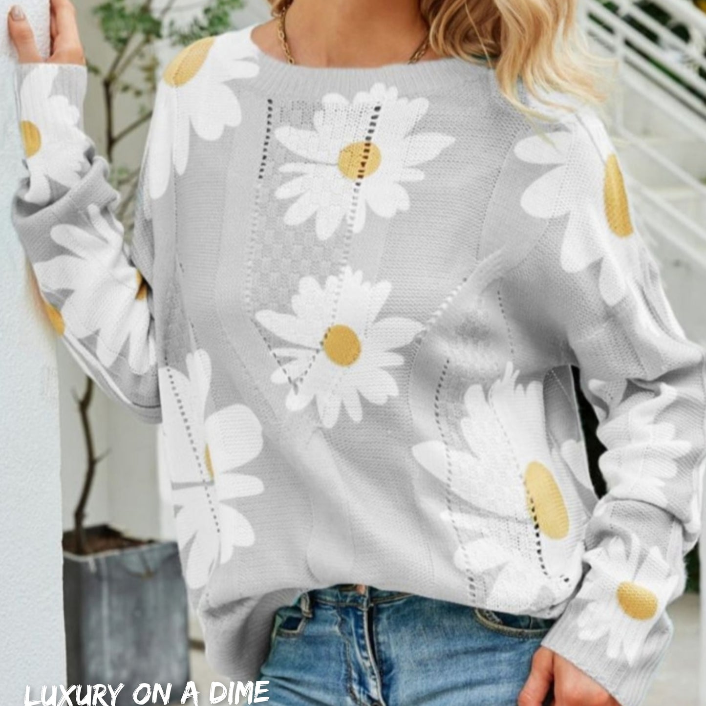 Daisy Knit Print Openwork Detail Lightweight Sweater