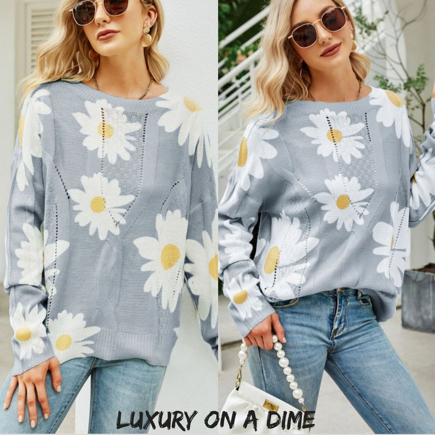 Daisy Knit Print Openwork Detail Lightweight Sweater