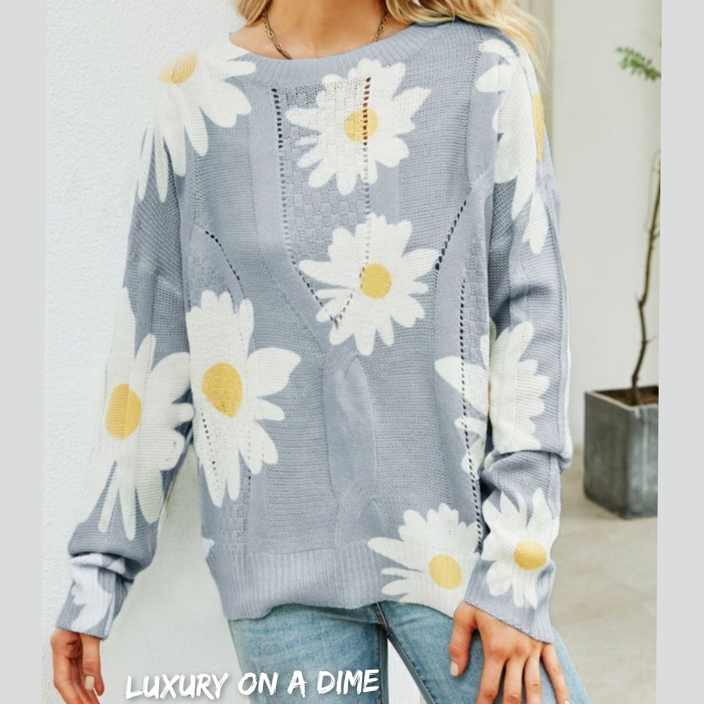 Daisy Knit Print Openwork Detail Lightweight Sweater