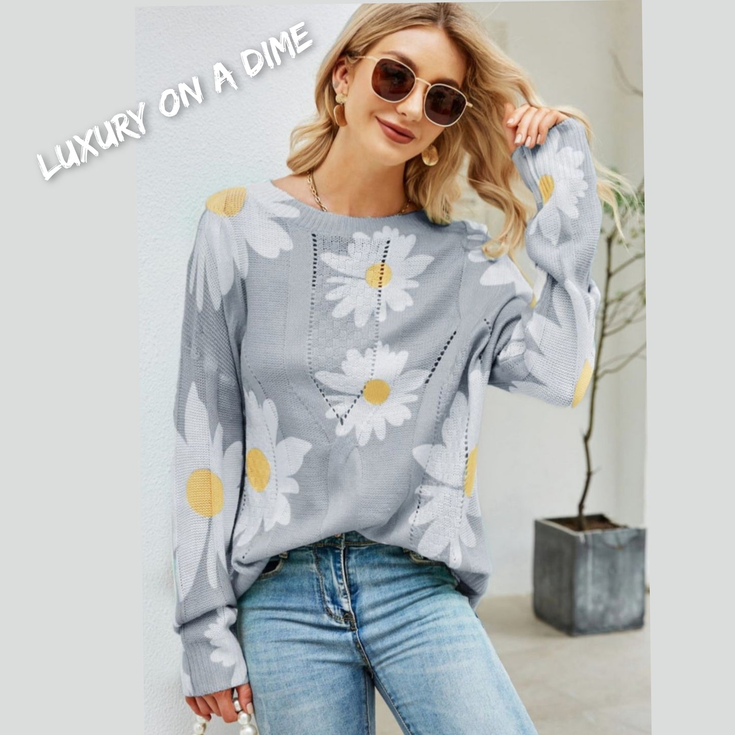 Daisy Knit Print Openwork Detail Lightweight Sweater