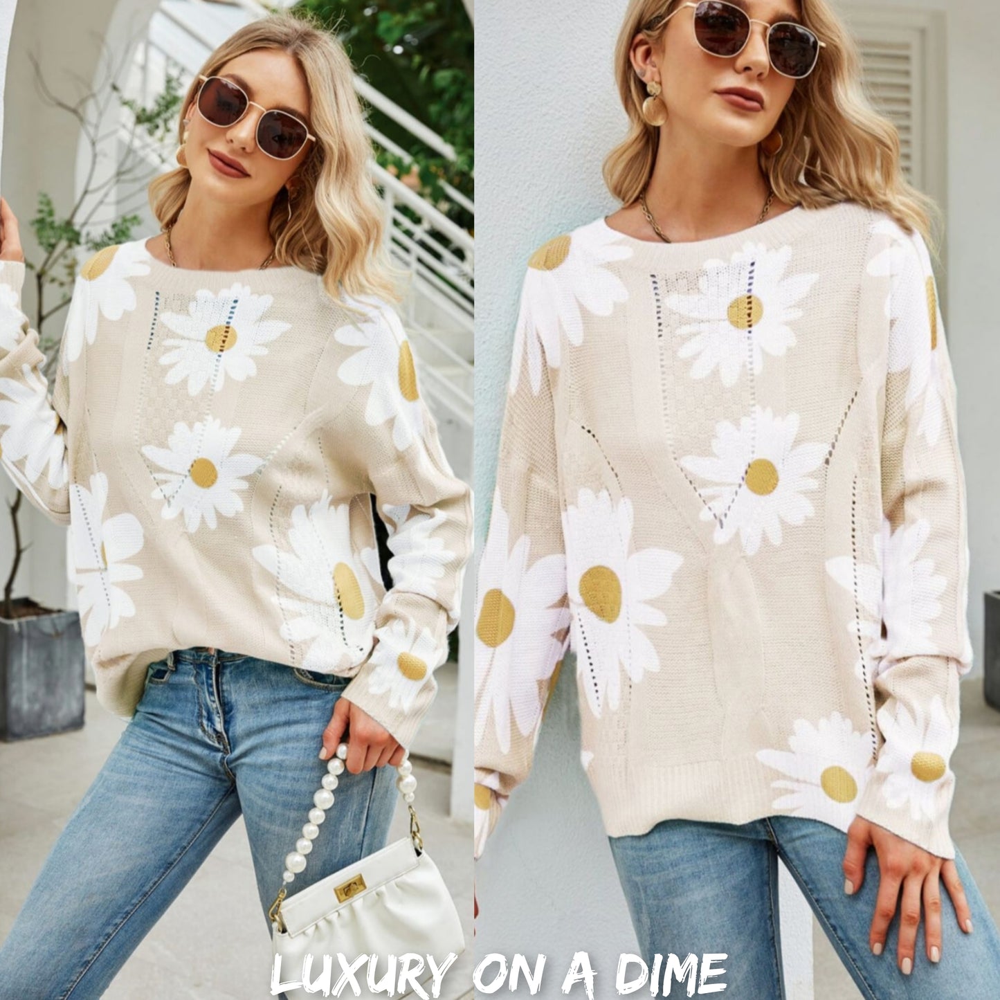 Daisy Knit Print Openwork Detail Lightweight Sweater