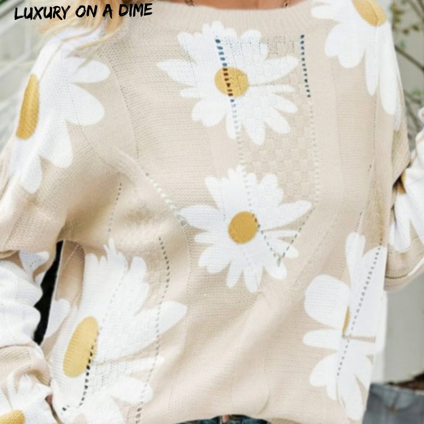 Daisy Knit Print Openwork Detail Lightweight Sweater