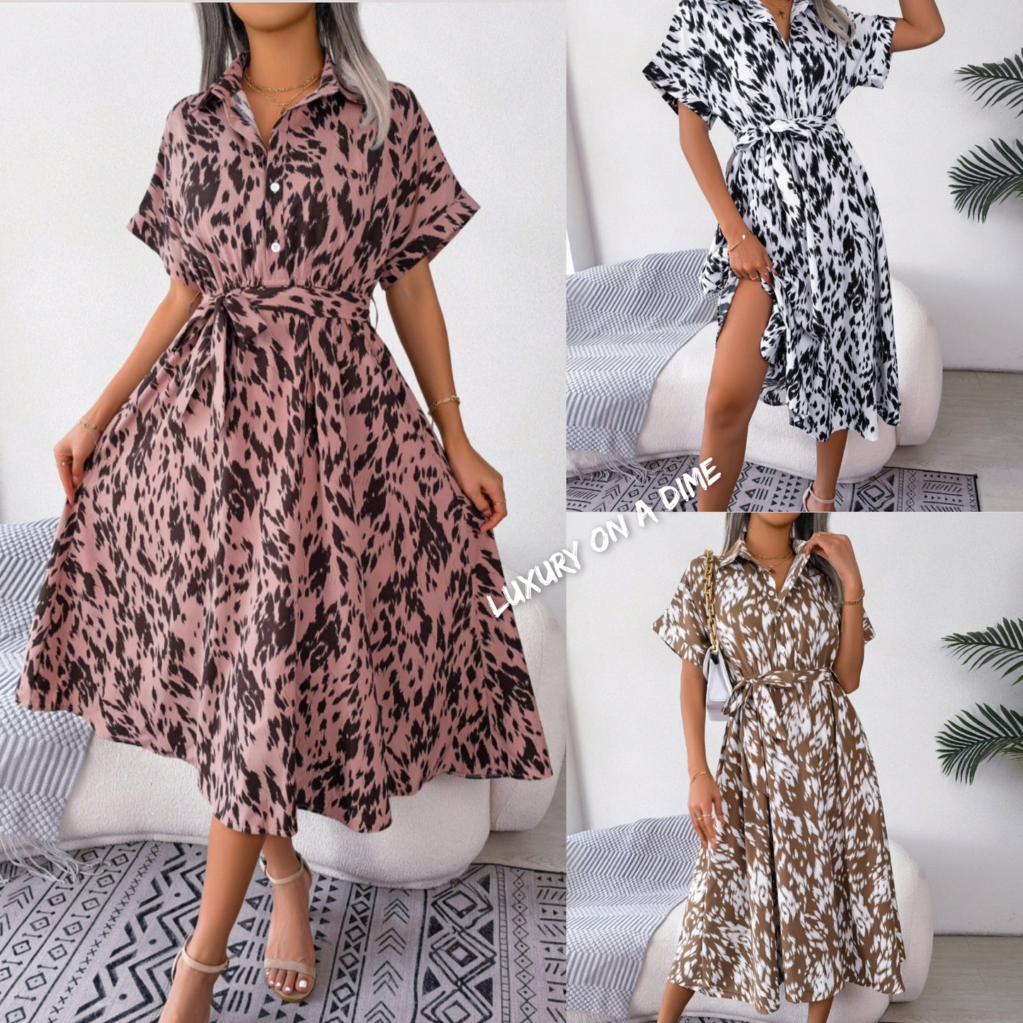 Brush Stroke Print Collared Short Sleeve Waist Tie Belt Midi Dress