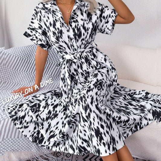 Brush Stroke Print Collared Short Sleeve Waist Tie Belt Midi Dress