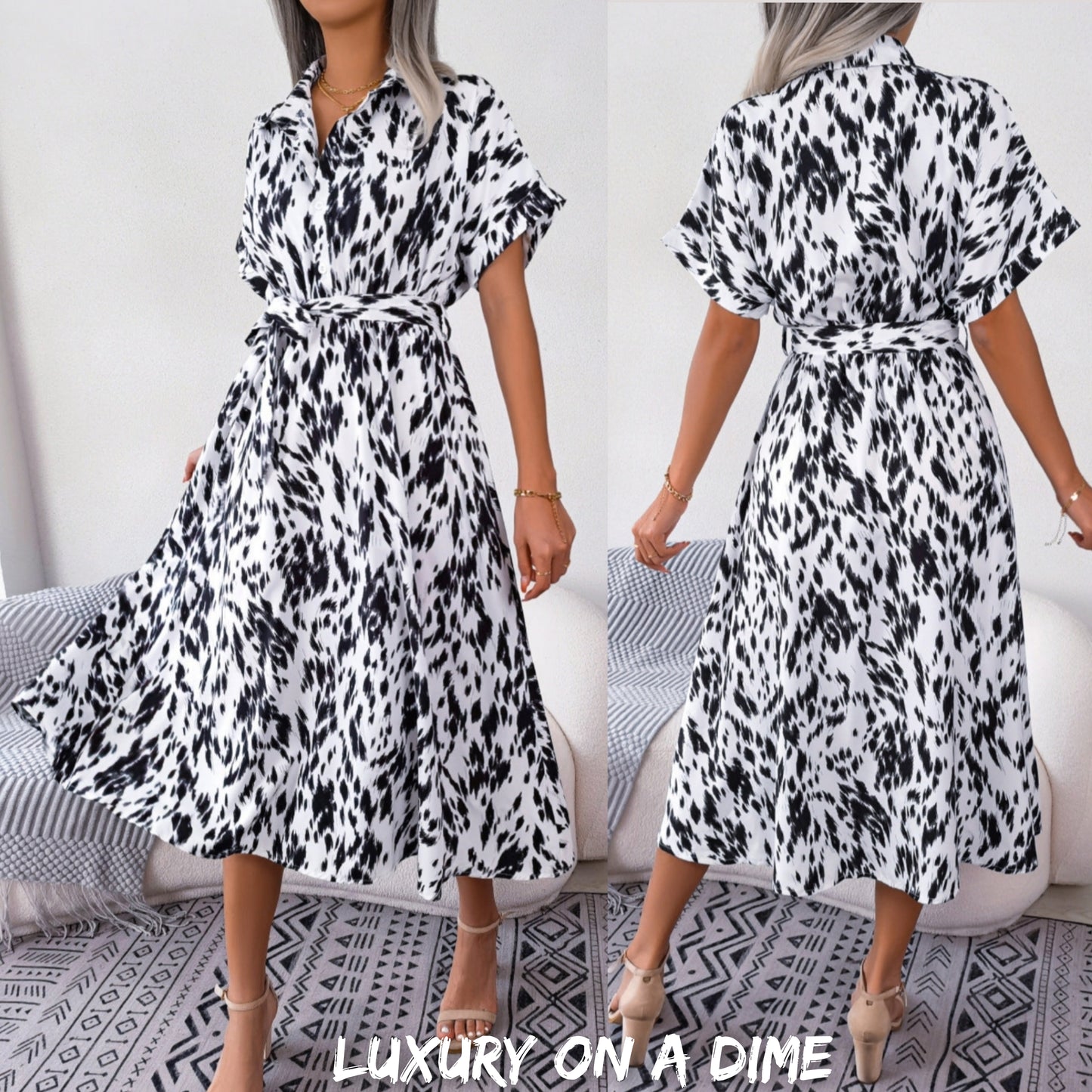 Brush Stroke Print Collared Short Sleeve Waist Tie Belt Midi Dress