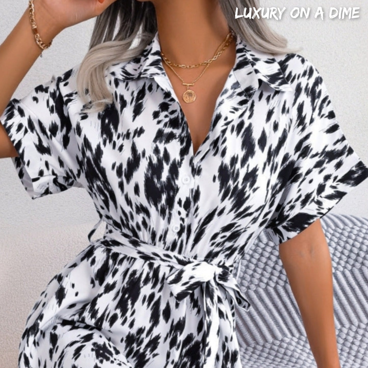 Brush Stroke Print Collared Short Sleeve Waist Tie Belt Midi Dress