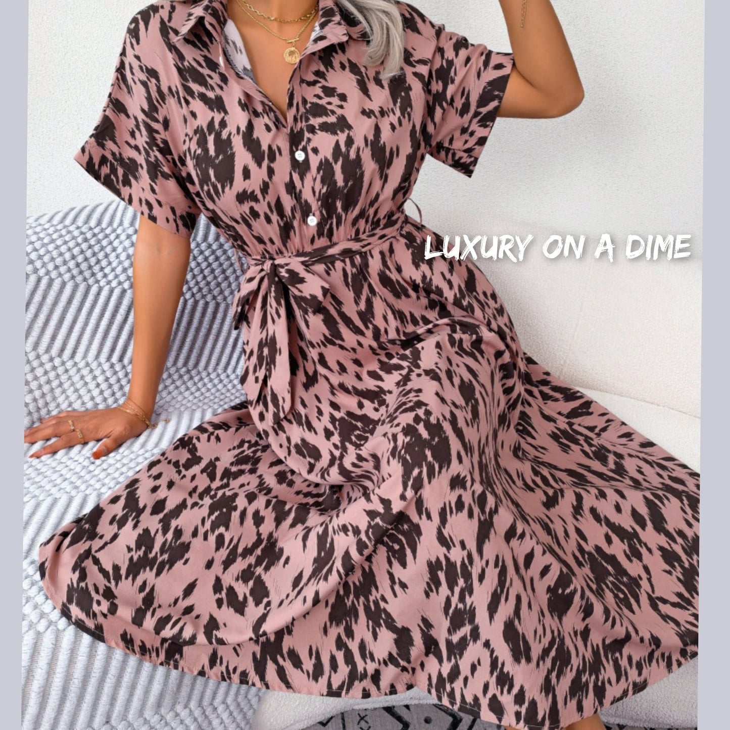 Brush Stroke Print Collared Short Sleeve Waist Tie Belt Midi Dress