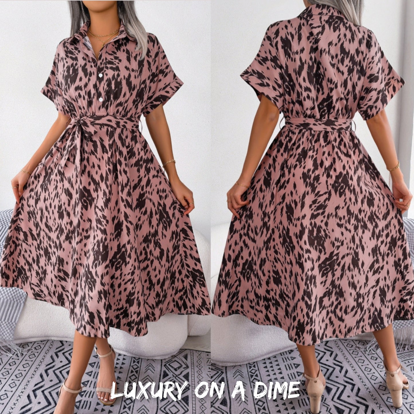 Brush Stroke Print Collared Short Sleeve Waist Tie Belt Midi Dress
