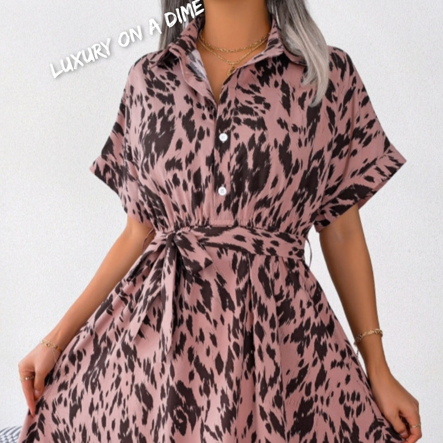 Brush Stroke Print Collared Short Sleeve Waist Tie Belt Midi Dress